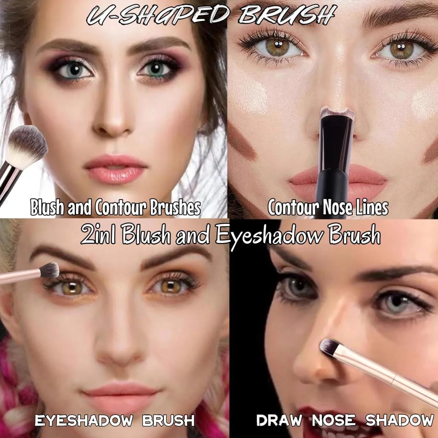 ست برس کانتور بینی 2 عددی، برس U شکل 2 در 1 و برس کرکی مدل ارتقا یافته 2025، برس سایه چشم و بینی دو طرفه برای آرایش، ست برس سایه چشم/گونه/رژگونه دوتایی