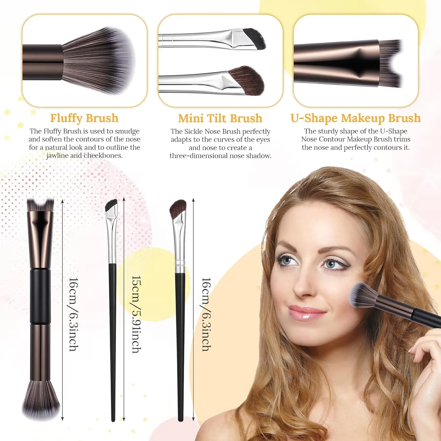 ست برس کانتور بینی 3 عددی، برس U شکل 2 در 1 و برس کرکی، برس آرایشی زاویه دار برای شکل دادن و مشخص کردن استخوان گونه، بینی و کانتور صورت