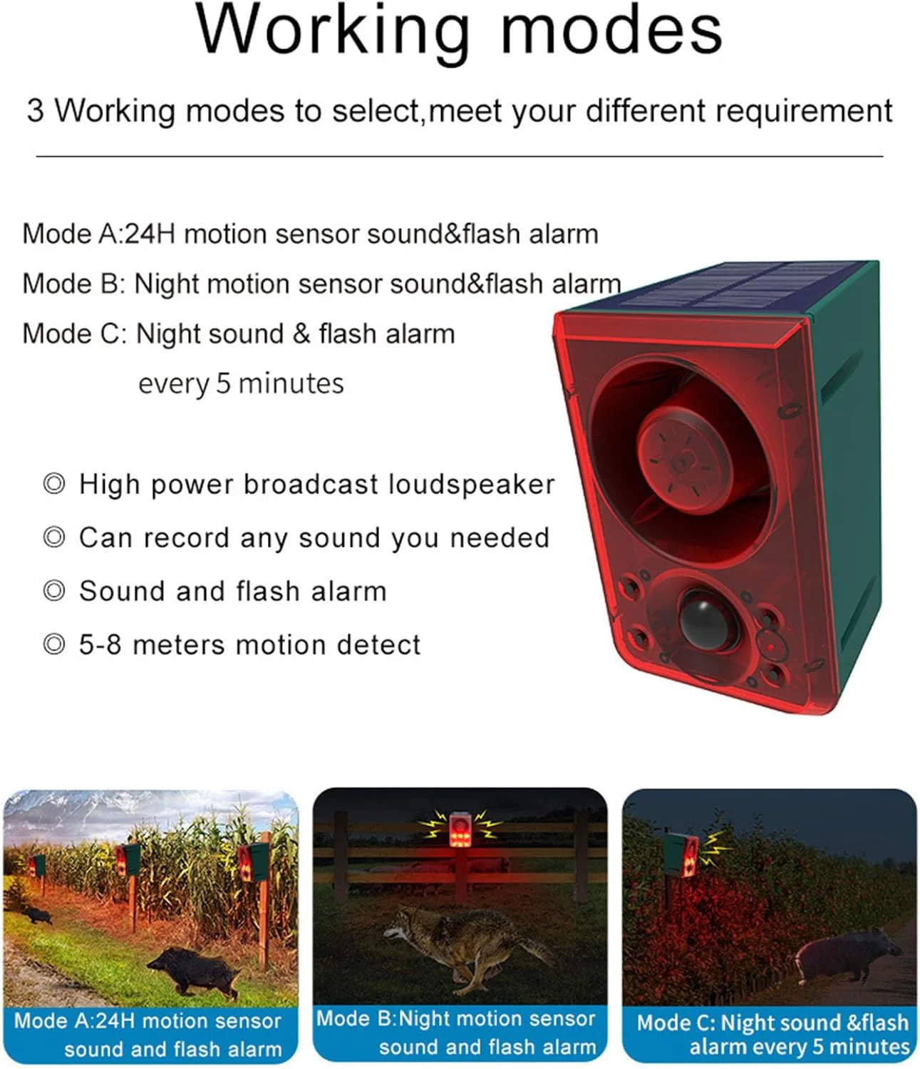 آلارم حسگر حرکتی خورشیدی با ضبط صدای پارس سگ، آلارم تشخیص فعال شده با حرکت، برای امنیت خانه، مزرعه، گاراژ