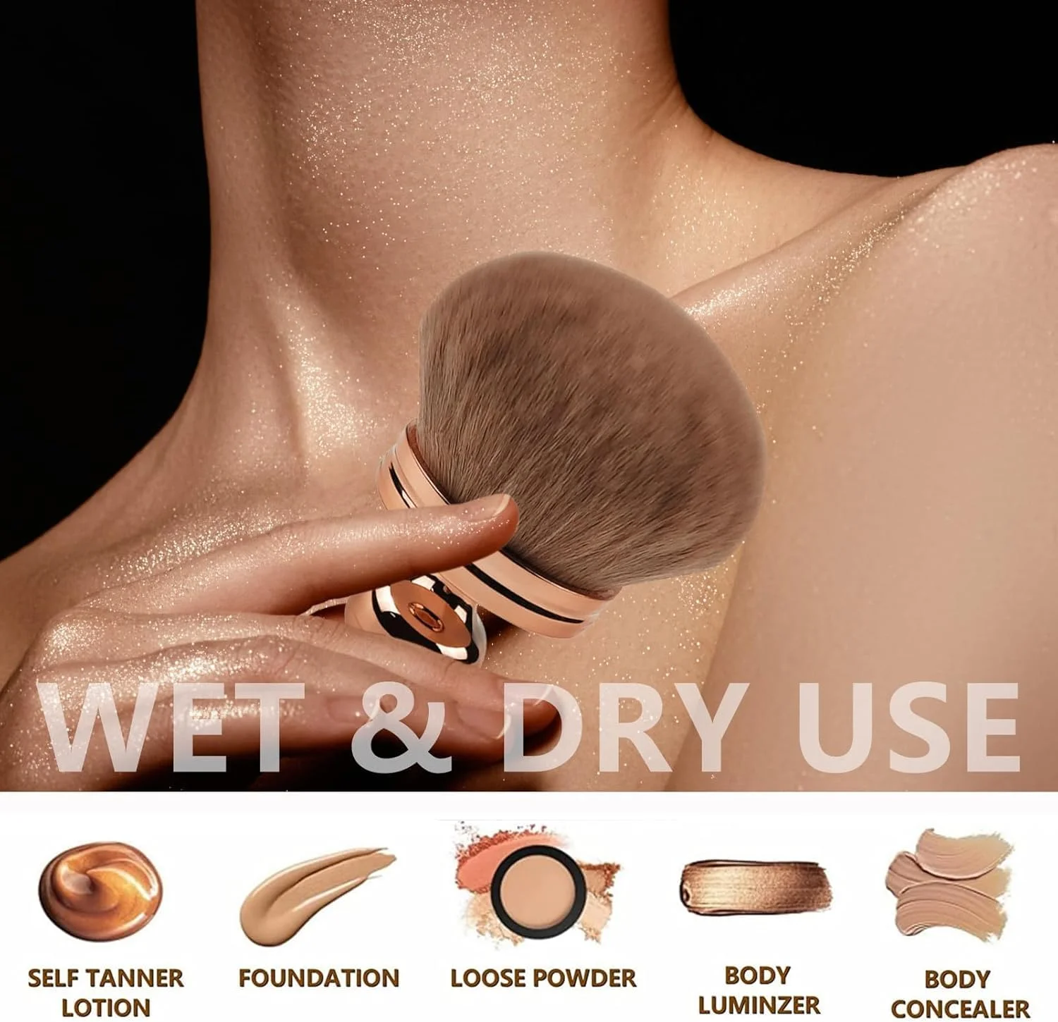 برس آرایشی بزرگ برای بدن، مناسب برای برنزه کردن، برس کابوکی با سر پهن 74 میلی‌متری برای برنزه کننده‌ها، برس بیضی شکل برای آرایش صورت و پا به همراه کیف بند دار