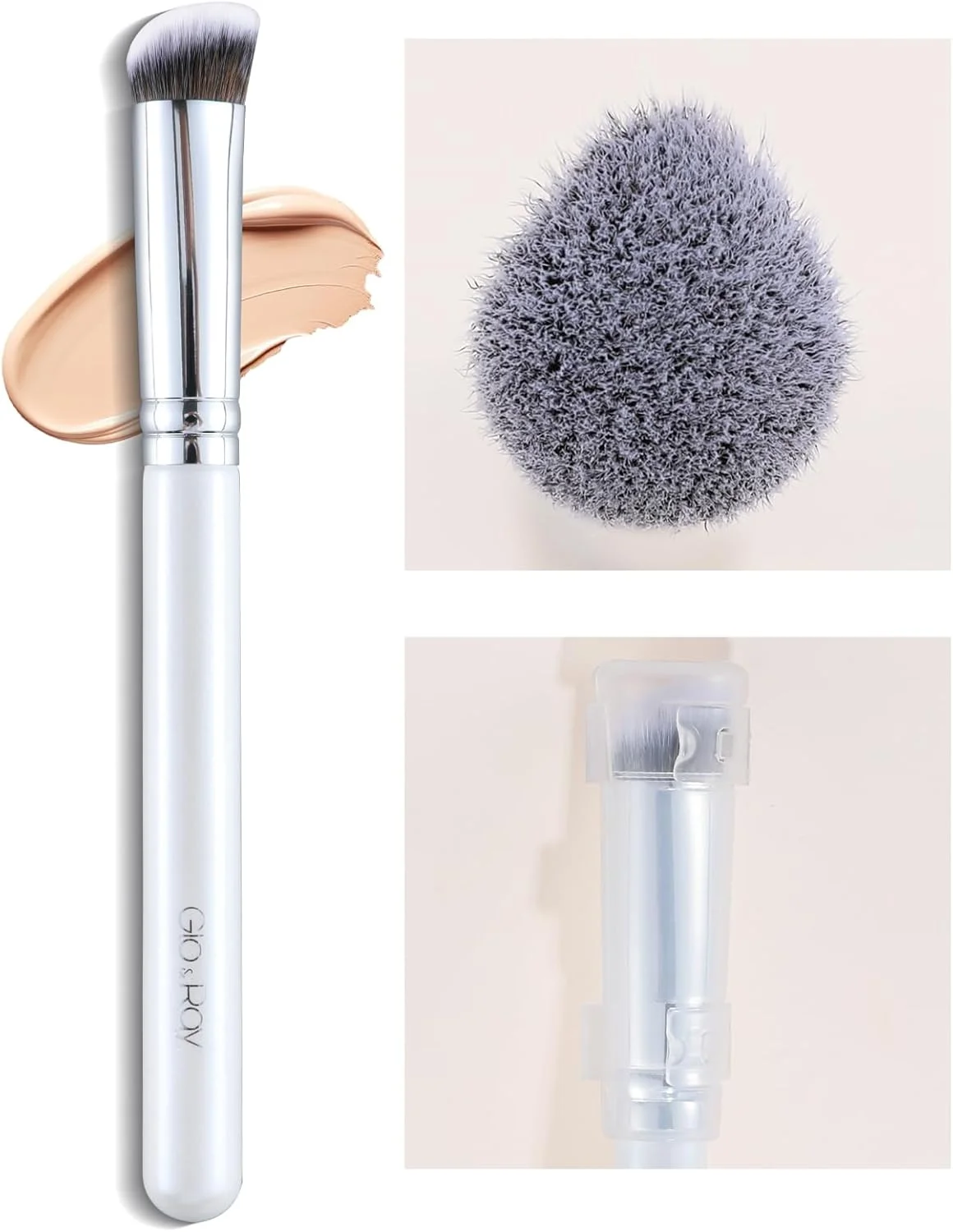 براش کانسیلر زیر چشم GLO&RAY - براش آرایشی زاویه دار تخت قطره اشکی، کانتور بینی برای پودر، ترکیب حرفه ای برای لوازم آرایشی مایع و کرمی، براش های کوچک فونداسیون با پوشش ضد گرد و غبار (سفید)