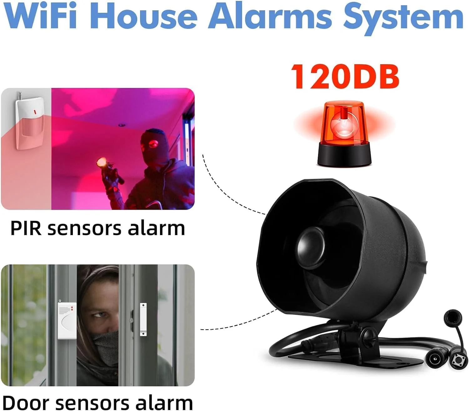 آلارم های خانگی وای فای با آژیر 115dB، سنسور حرکتی، سنسور درب و پنجره و سیستم دزدگیر با کنترل از راه دور (مشکی)