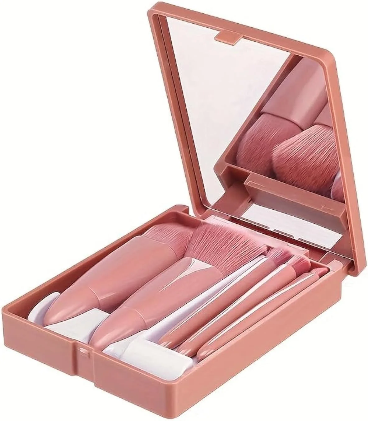 مجموعه 5 عددی برس آرایشی مینی قابل حمل AHBeauty با آینه و کیف - برس های پودر موی نرم و سایه چشم برای ابزارهای زیبایی حرفه ای