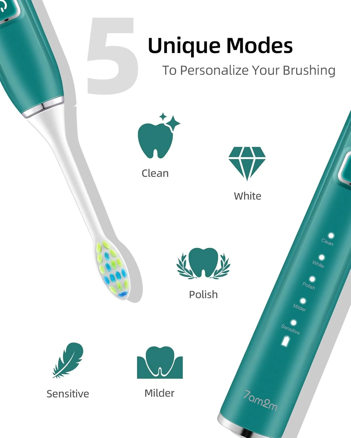 مسواک برقی سونیک 7AM2M با 6 سری مسواک برای بزرگسالان و کودکان، یک بار شارژ برای 90 روز، شارژ سریع بی سیم، 5 حالت با تایمر هوشمند 2 دقیقه ای داخلی (سبز طاووسی)
