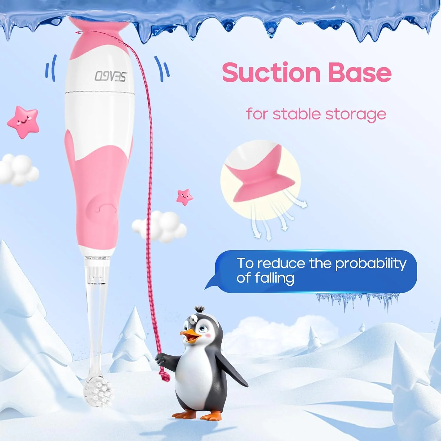 مسواک برقی کودک Seago، مسواک برقی کودکان با 4 سری مسواک با چراغ LED، مسواک کودک با تایمر هوشمند و پایه مکنده مناسب سنین 0-3 سال، طراحی پنگوئنی (صورتی)