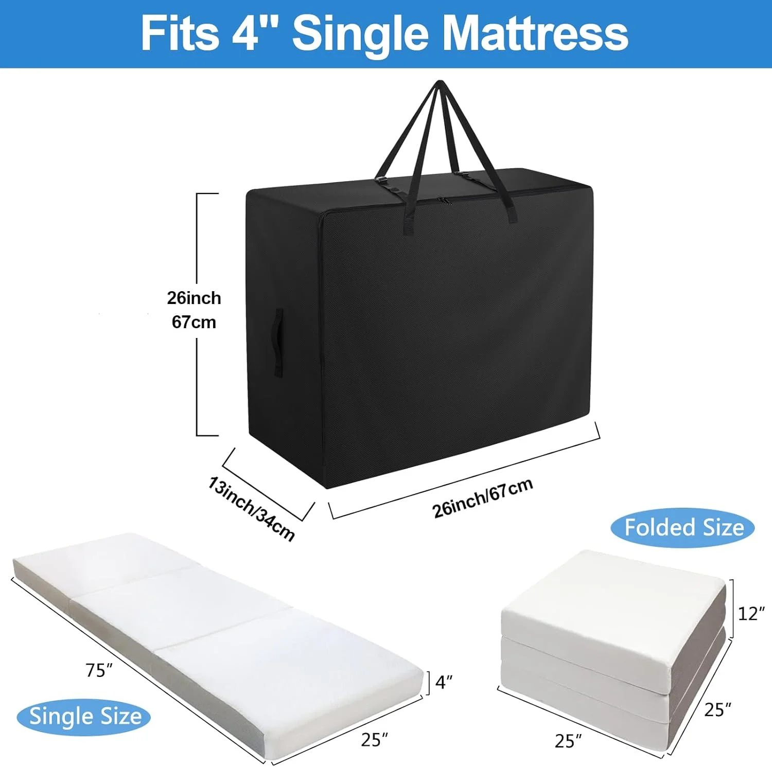 کیف تشک تاشو Raweao - کیف حمل سنگین وزن پارچه آکسفورد 600D برای تشک مهمان سه لایه (مناسب برای تشک یک نفره 4 اینچی، مشکی)