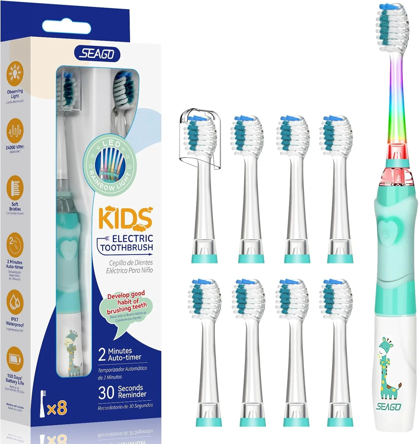 مسواک برقی کودکانه Seago برای کودکان 3 تا 12 سال با تایمر هوشمند، چراغ های LED رنگی و 4 سر برس نرم برای دختران و پسران مدل SGEK6/SG977 (سبز FR)
