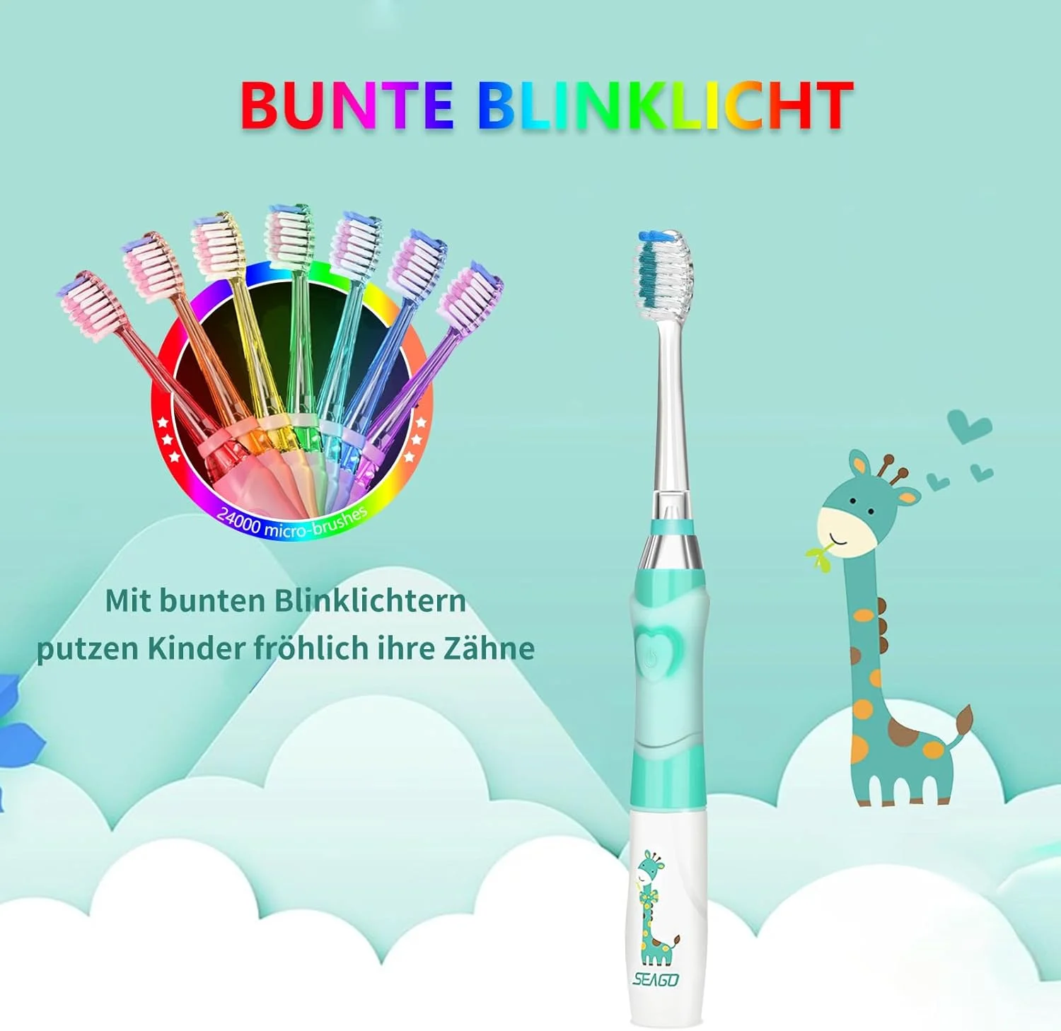 مسواک برقی کودکانه Seago برای کودکان 3 تا 12 سال با تایمر هوشمند، چراغ های LED رنگی و 4 سر برس نرم برای دختران و پسران مدل SGEK6/SG977 (سبز FR) مسواک برقی کودکانه Seago برای کودکان 3 تا 12 سال با تایمر هوشمند، چراغ های LED رنگی و 4 سر برس نرم برای دختران و پسران مدل SGEK6/SG977 (سبز FR)