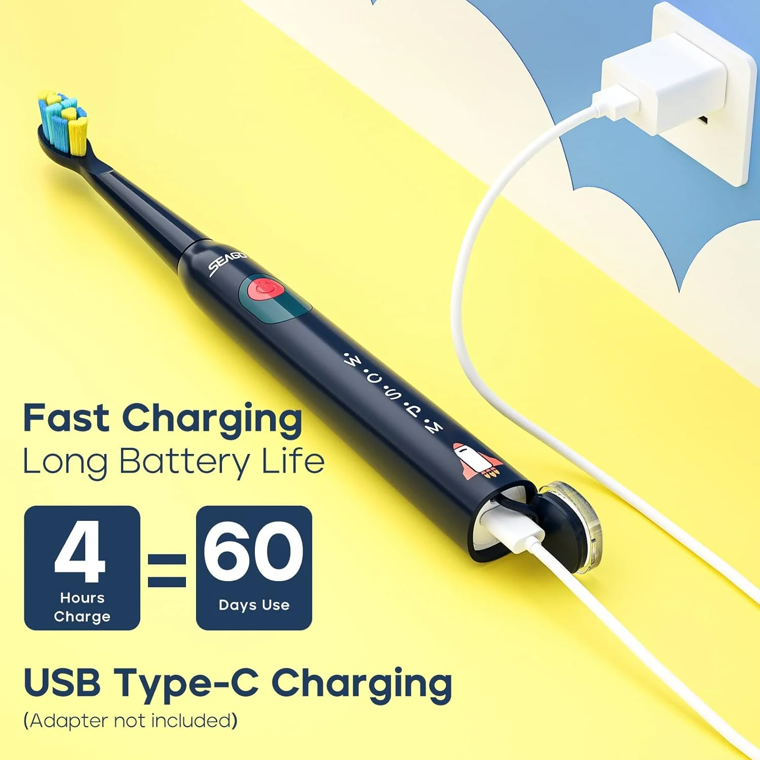 مسواک برقی کودکانه SEAGO، مسواک های قابل شارژ سونیک با برس نرم، دارای استیکرهای DIY، 5 حالت، شامل 4 سر برس جایگزین، مناسب برای سنین 3 تا 12 سال (آبی تیره) مسواک برقی کودکانه SEAGO، مسواک های قابل شارژ سونیک با برس نرم، دارای استیکرهای DIY، 5 حالت، شامل 4 سر برس جایگزین، مناسب برای سنین 3 تا 12 سال (آبی تیره)