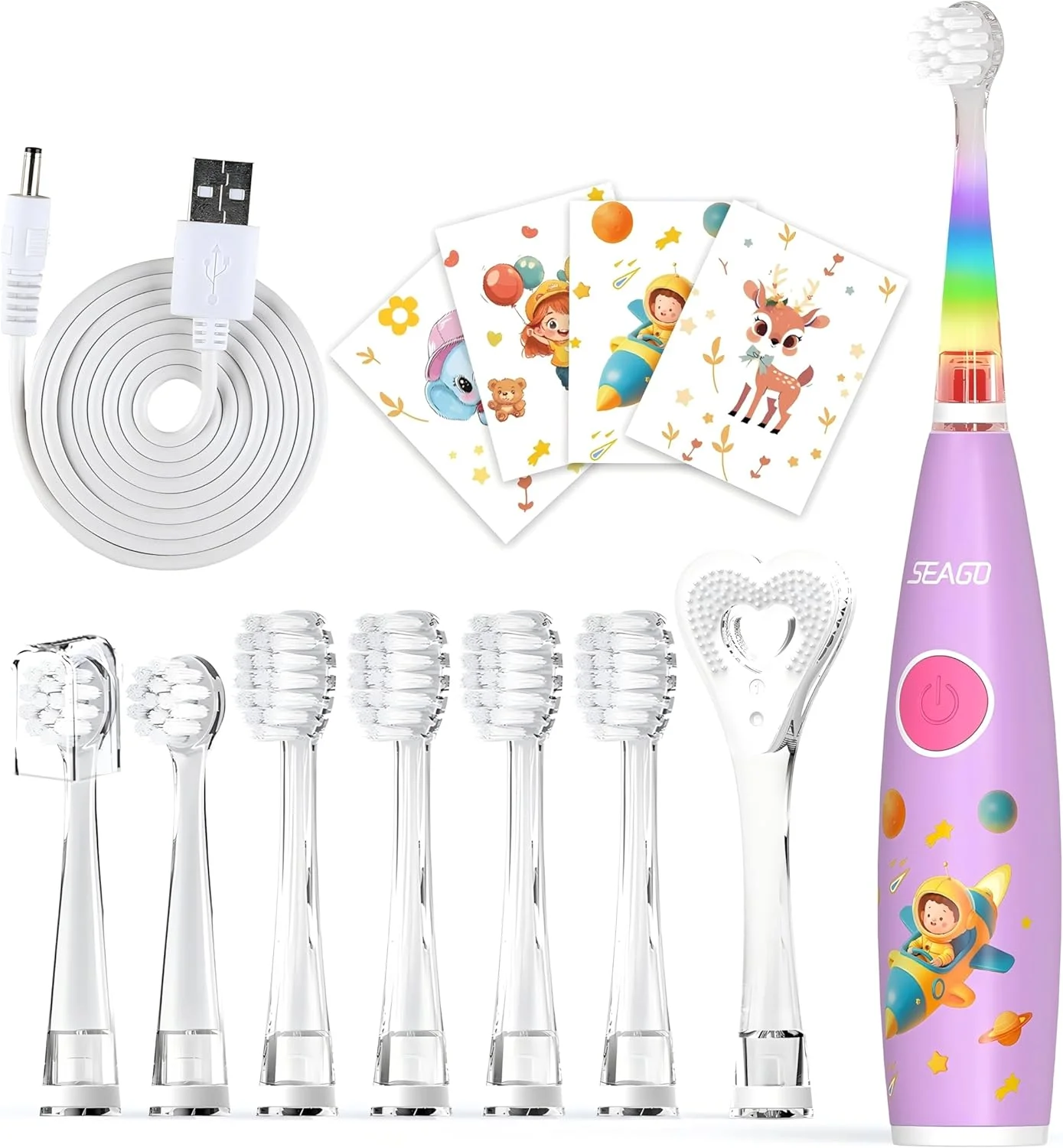 مسواک برقی کودک Seago، مسواک برقی کودک نوپا با نور رنگارنگ، 8 سری مسواک نرم، استیکرهای حیوانات بامزه، یک بار شارژ کامل برای 60 روز، برای پسران و دختران کودک، SG-2159 (صورتی)