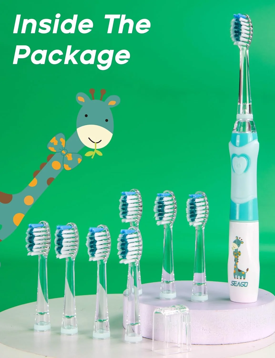مسواک کودکانه SEAGO، مسواک برقی صوتی قابل تعویض با تایمر هوشمند، نرم و با باتری، ایده آل برای تمیز کردن عمیق، مسواک های ضد آب مسافرتی برای کودکان 3 سال به بالا، 977 (سبز)