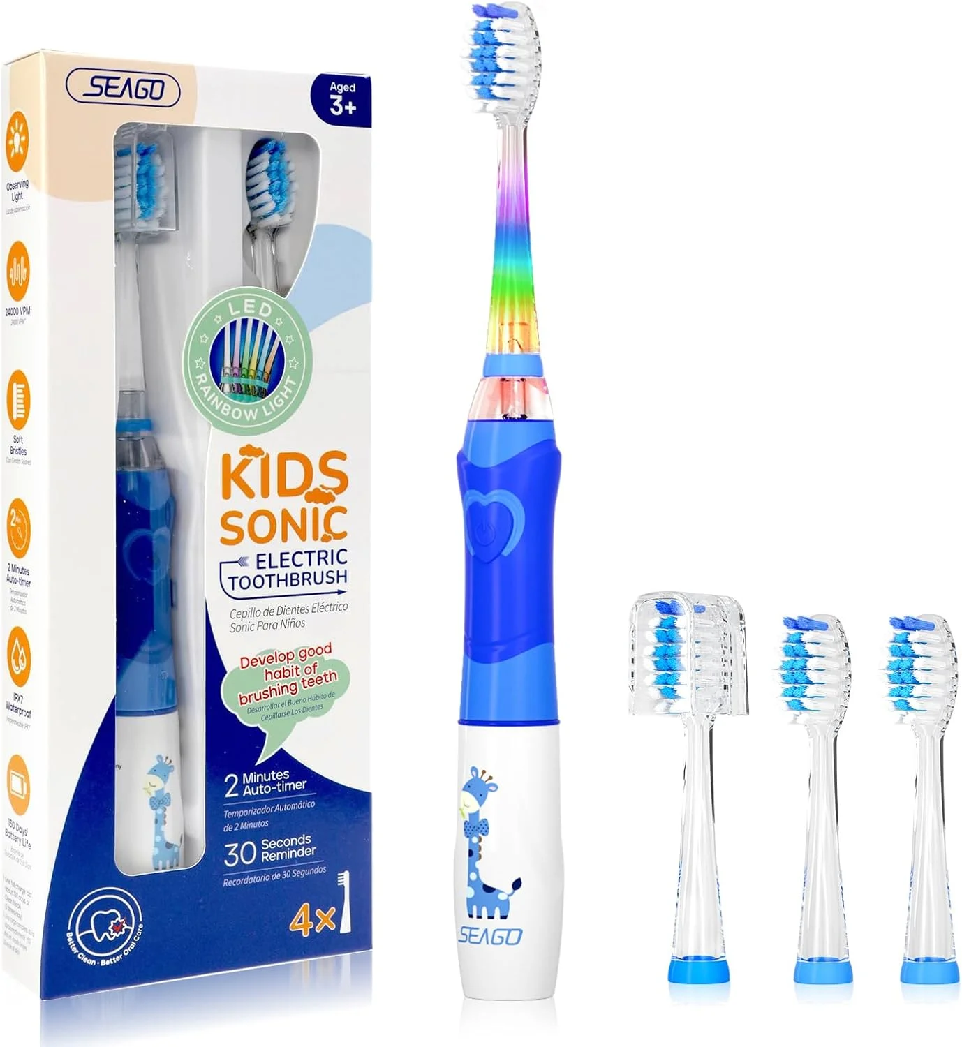 مسواک برقی کودکانه SEAGO با تایمر 2 دقیقه ای و 4 سری برس جایگزین، نور LED رنگین کمانی برای سرگرم کننده کردن مسواک زدن، مسواک آبی رنگ با باتری برای پسران 4-12 ساله، SG-977 مسواک برقی کودکانه SEAGO با تایمر 2 دقیقه ای و 4 سری برس جایگزین، نور LED رنگین کمانی برای سرگرم کننده کردن مسواک زدن، مسواک آبی رنگ با باتری برای پسران 4-12 ساله، SG-977