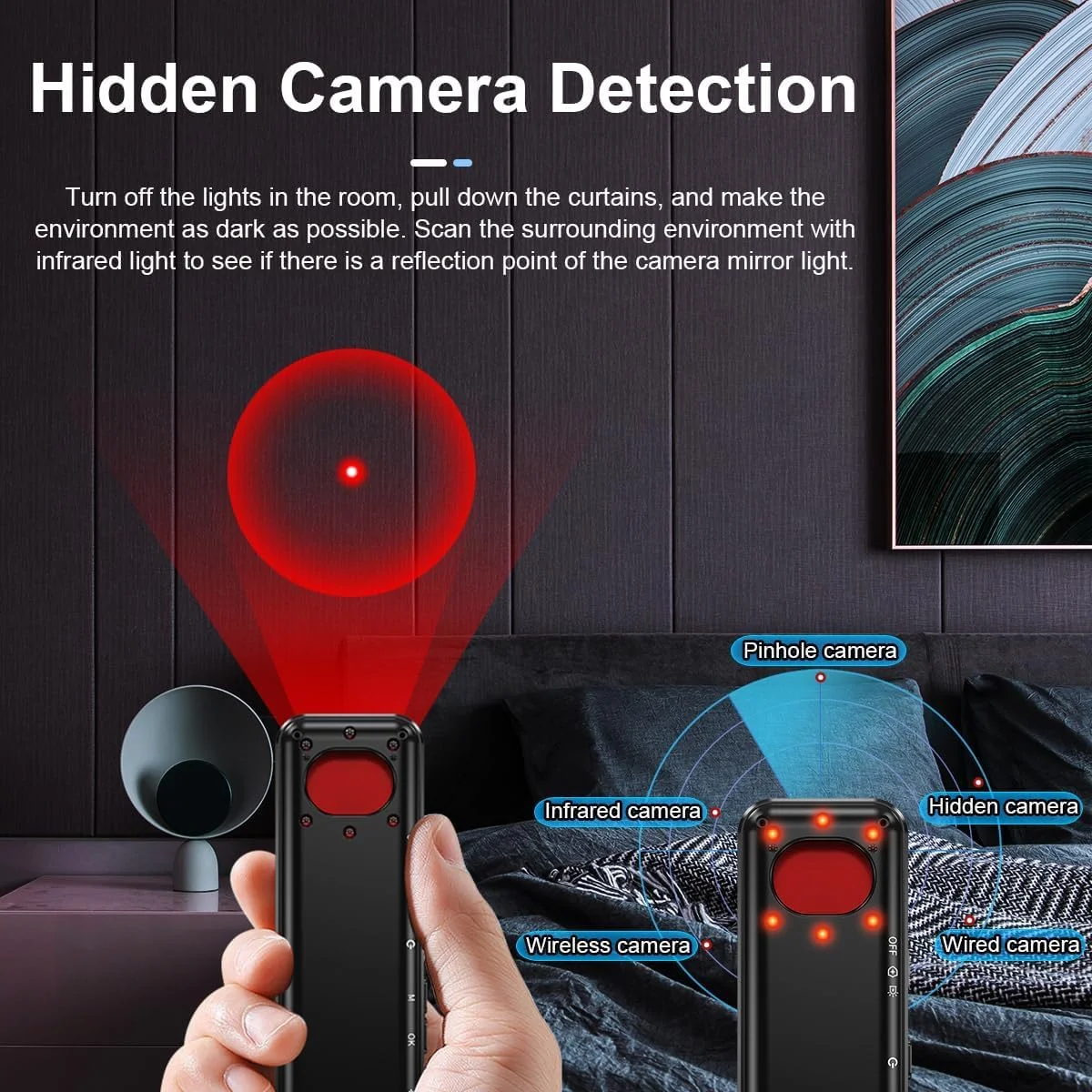 ردیاب دوربین مخفی، ردیاب ضد جاسوسی، ردیاب GPS دستگاه های مخفی، ردیاب دوربین، ردیاب شنود، محافظ حریم خصوصی، اسکنر سیگنال بی سیم RF برای هتل ها، دفاتر، خانه، مسافرت، 8 سطح حساسیت