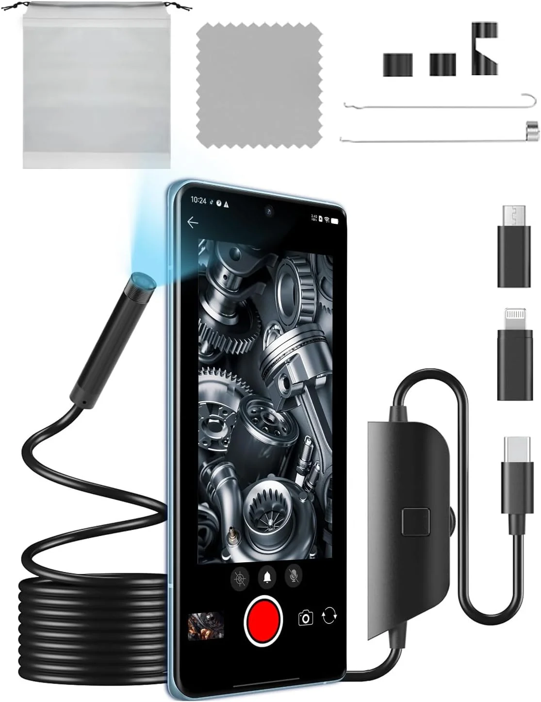 دوربین بازرسی آندوسکوپی ZOIOT، کیفیت 1080P HD با 8 چراغ LED، ضد آب IP67 نیمه سخت 5 متری، مشکی، سازگار با اندروید 8.0+ و iOS 9.0+، Type-C، Micro-USB، Lightning دوربین بازرسی آندوسکوپی ZOIOT، کیفیت 1080P HD با 8 چراغ LED، ضد آب IP67 نیمه سخت 5 متری، مشکی، سازگار با اندروید 8.0+ و iOS 9.0+، Type-C، Micro-USB، Lightning
