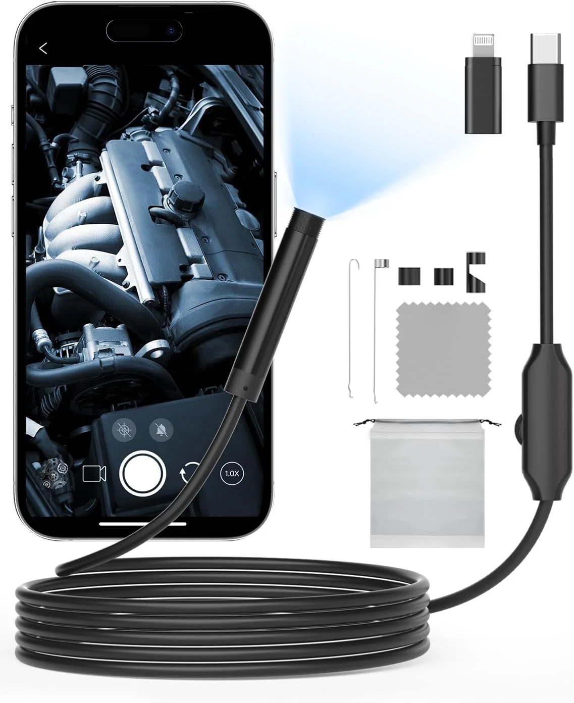 دوربین آندوسکوپی ZOIOT با نور، 1920P HD، دوربین بازرسی 5 متری، 8 چراغ LED، بدون نیاز به وای فای، ضد آب IP67، مشکی، USB Type-C، برای تلفن های هوشمند اندروید و iOS، آیفون، آیپد دوربین آندوسکوپی ZOIOT با نور، 1920P HD، دوربین بازرسی 5 متری، 8 چراغ LED، بدون نیاز به وای فای، ضد آب IP67، مشکی، USB Type-C، برای تلفن های هوشمند اندروید و iOS، آیفون، آیپد