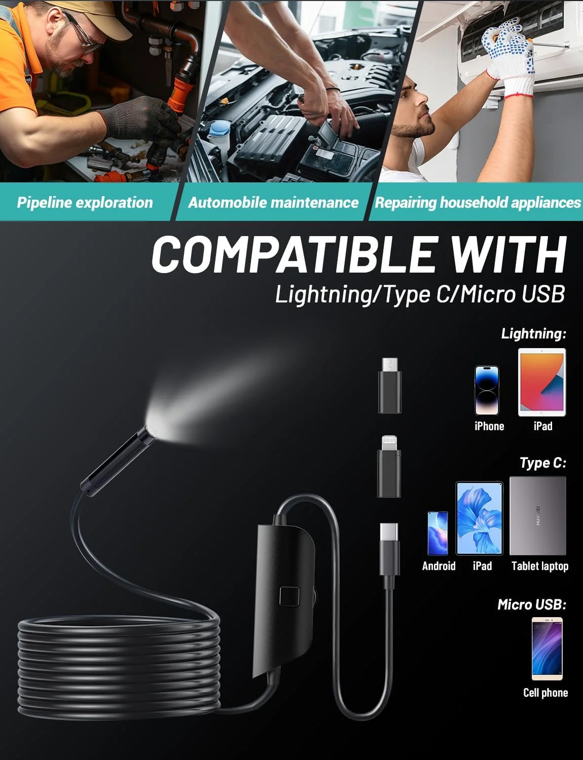 دوربین بازرسی آندوسکوپی ZOIOT، کیفیت 1080P HD با 8 چراغ LED، ضد آب IP67 نیمه سخت 5 متری، مشکی، سازگار با اندروید 8.0+ و iOS 9.0+، Type-C، Micro-USB، Lightning دوربین بازرسی آندوسکوپی ZOIOT، کیفیت 1080P HD با 8 چراغ LED، ضد آب IP67 نیمه سخت 5 متری، مشکی، سازگار با اندروید 8.0+ و iOS 9.0+، Type-C، Micro-USB، Lightning