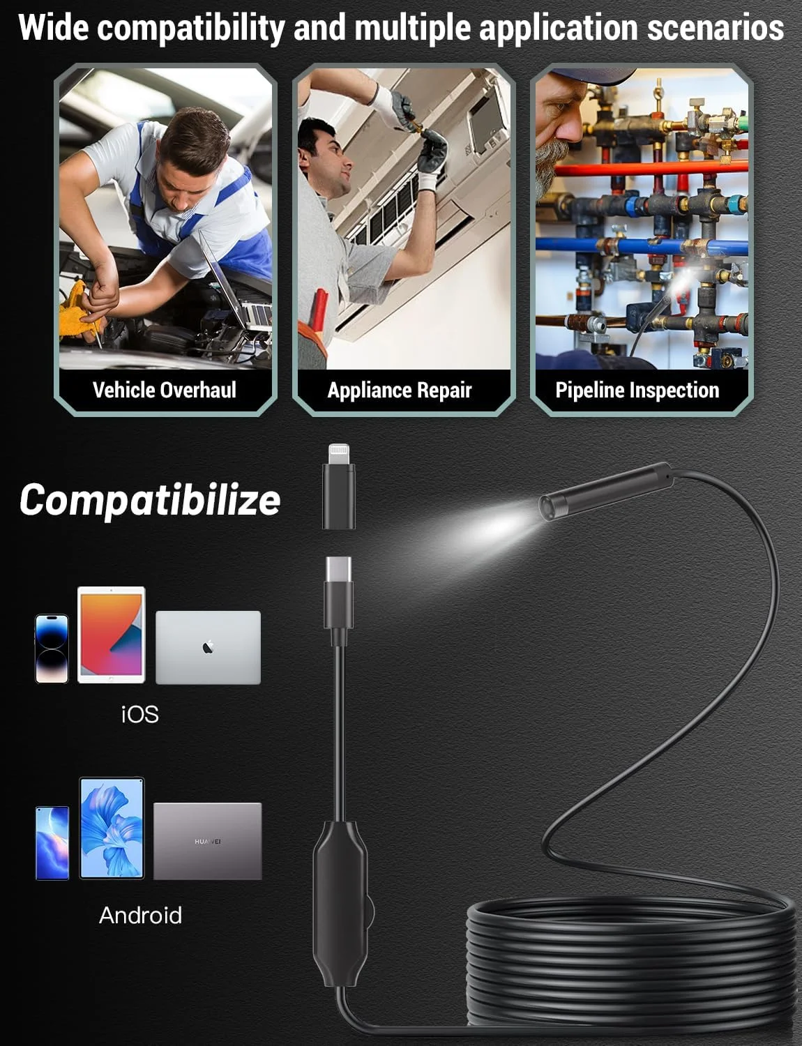 دوربین آندوسکوپی ZOIOT با نور، 1920P HD، دوربین بازرسی 5 متری، 8 چراغ LED، بدون نیاز به وای فای، ضد آب IP67، مشکی، USB Type-C، برای تلفن های هوشمند اندروید و iOS، آیفون، آیپد دوربین آندوسکوپی ZOIOT با نور، 1920P HD، دوربین بازرسی 5 متری، 8 چراغ LED، بدون نیاز به وای فای، ضد آب IP67، مشکی، USB Type-C، برای تلفن های هوشمند اندروید و iOS، آیفون، آیپد