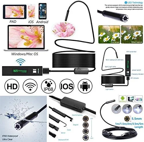 اندوسکوپ بی سیم 8LED HD 1200P با دوربین بوراسکوپ USB وای فای برای اندروید، آی او اس، کامپیوتر و مک اندوسکوپ بی سیم 8LED HD 1200P با دوربین بوراسکوپ USB وای فای برای اندروید، آی او اس، کامپیوتر و مک