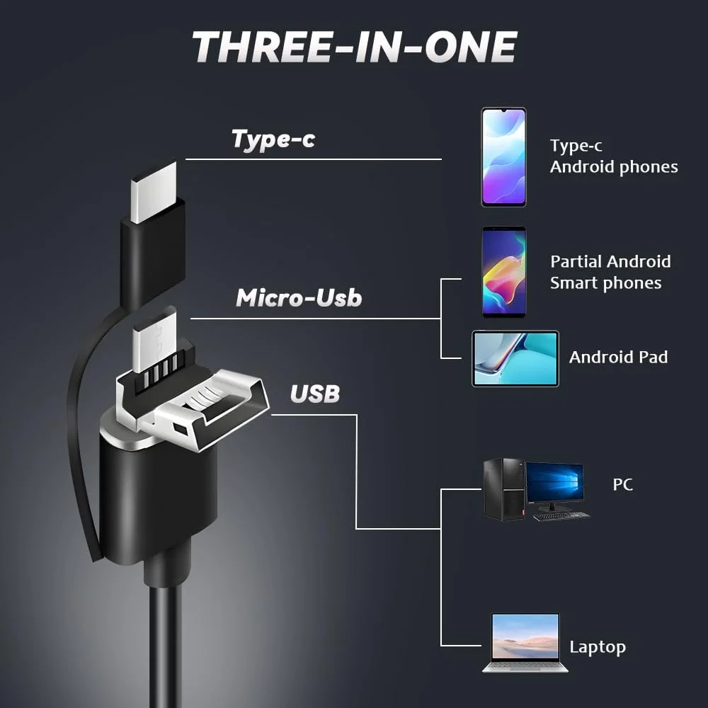 اندوسکوپ بازرسی Solaticdo با نور، 3 در 1 USB/Micro USB/Type-C، دوربین ضد آب IP68 با قطر 8 میلی متر، 8 چراغ LED - 5 متر