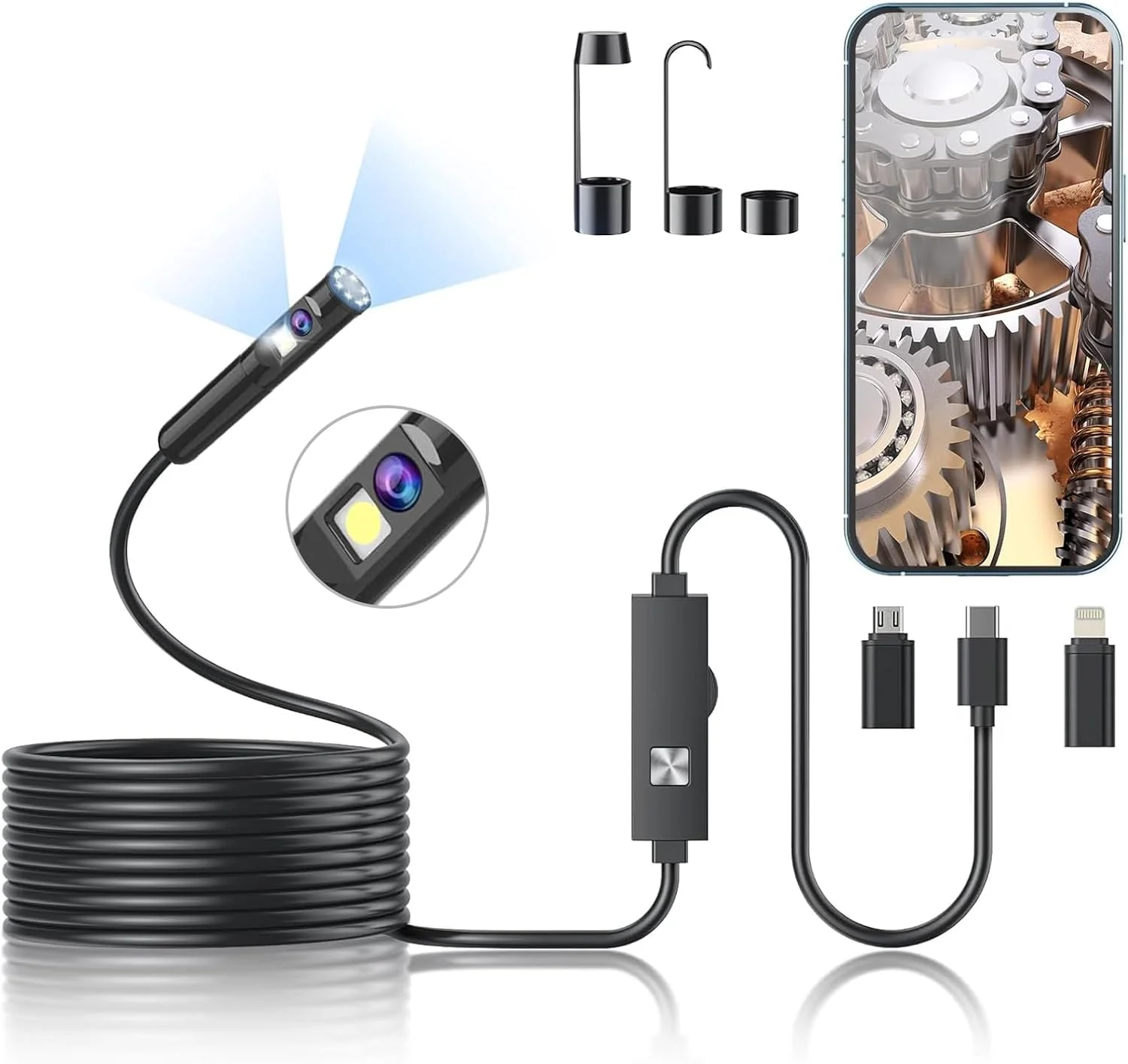 آندوسکوپی Ponicozy، لنز دوگانه HD با دوربین بازرسی نور LED، ضد آب IP68، کابل نیمه سخت 5 متری، سازگار با دستگاه های اندروید و iOS آندوسکوپی Ponicozy، لنز دوگانه HD با دوربین بازرسی نور LED، ضد آب IP68، کابل نیمه سخت 5 متری، سازگار با دستگاه های اندروید و iOS