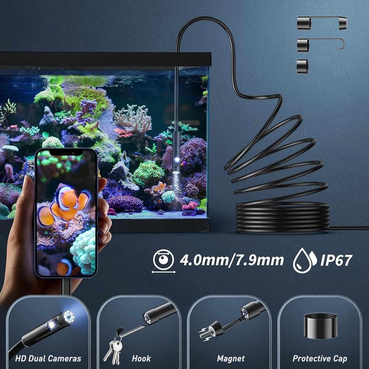 آندوسکوپی Ponicozy، لنز دوگانه HD با دوربین بازرسی نور LED، ضد آب IP68، کابل نیمه سخت 5 متری، سازگار با دستگاه های اندروید و iOS آندوسکوپی Ponicozy، لنز دوگانه HD با دوربین بازرسی نور LED، ضد آب IP68، کابل نیمه سخت 5 متری، سازگار با دستگاه های اندروید و iOS