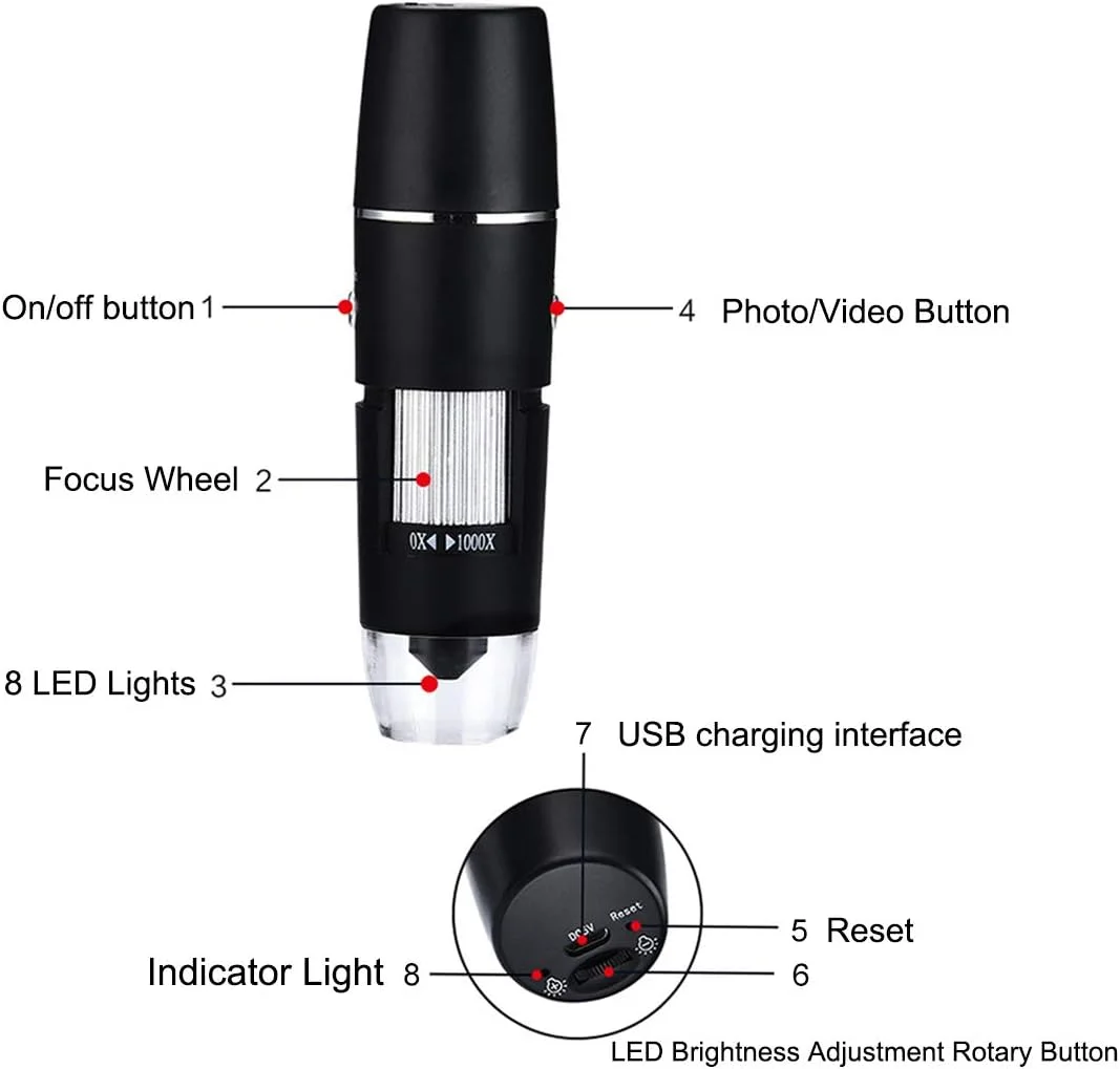 میکروسکوپ دیجیتال دستی USB وای فای Microware، دوربین آندوسکوپی بی سیم با بزرگنمایی 40 تا 1000 برابر، دارای مکنده تلفن، پایه فلزی، مجموعه 8 LED و سازگار با WiFi با آیفون، آیپد، مک، ویندوز و اندروید میکروسکوپ دیجیتال دستی USB وای فای Microware، دوربین آندوسکوپی بی سیم با بزرگنمایی 40 تا 1000 برابر، دارای مکنده تلفن، پایه فلزی، مجموعه 8 LED و سازگار با WiFi با آیفون، آیپد، مک، ویندوز و اندروید
