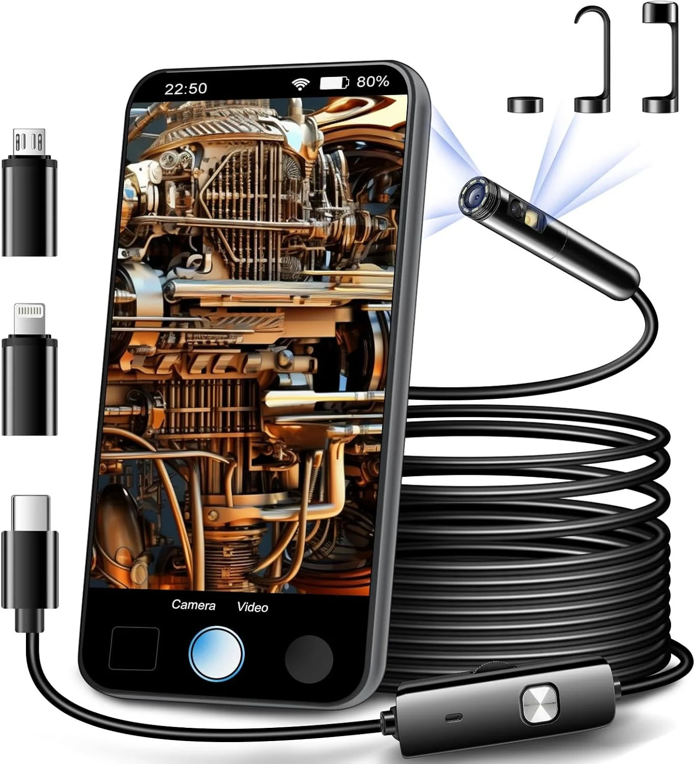 دوربین بازرسی آندوسکوپی [دو لنز] از AURTEC، لنز دوگانه HD، ضد آب IP68، کابل نیمه سخت 33 فوت/10 متری، دوربین بورسکوپ با چراغ های LED، سازگار با دستگاه های Android و iOS