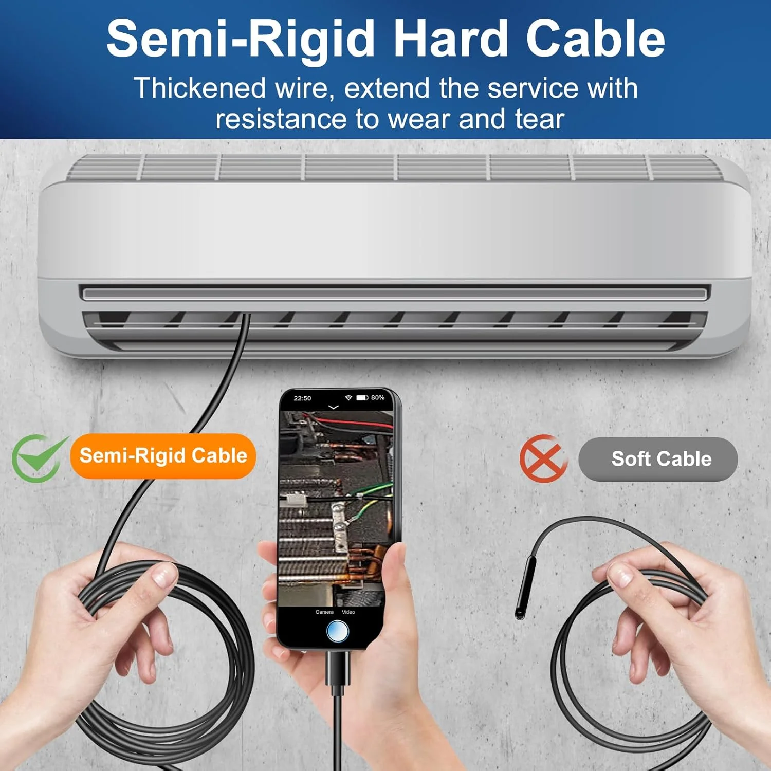 دوربین بازرسی آندوسکوپی [دو لنز] از AURTEC، لنز دوگانه HD، ضد آب IP68، کابل نیمه سخت 33 فوت/10 متری، دوربین بورسکوپ با چراغ های LED، سازگار با دستگاه های Android و iOS