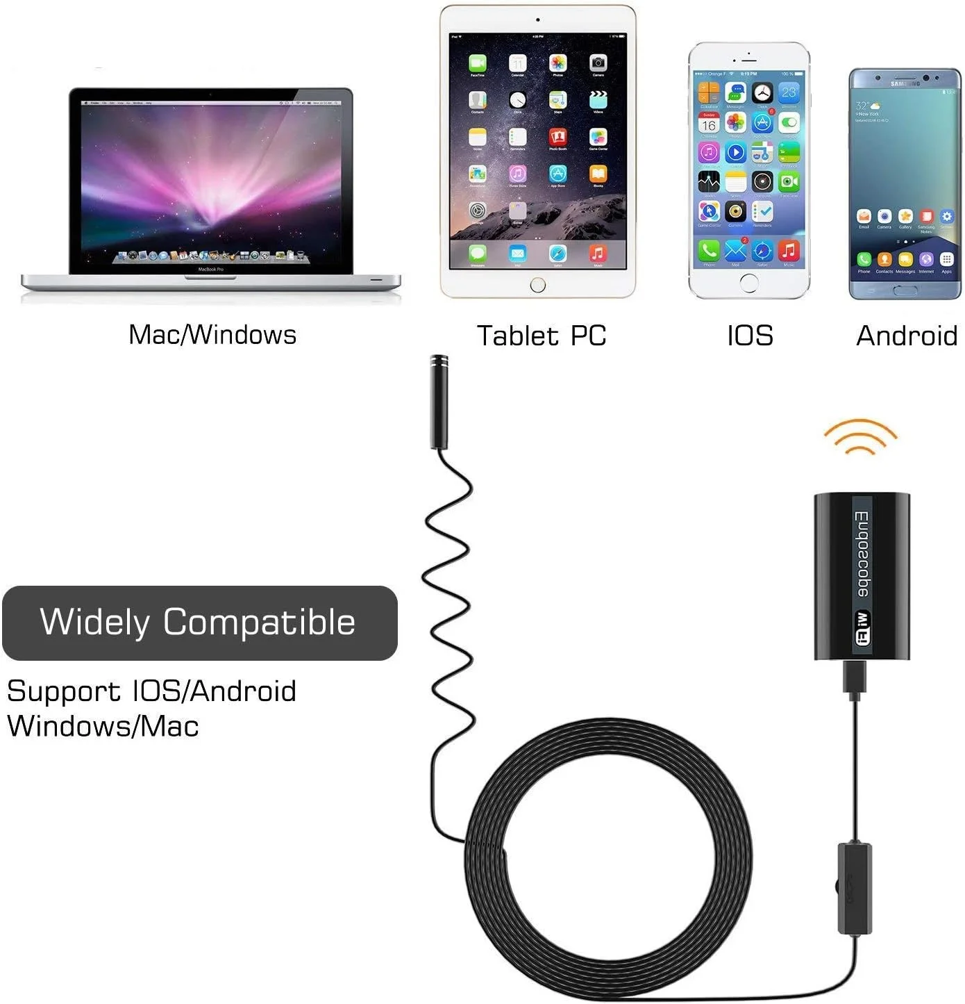 اندوسکوپ هوشمند IPS IP وای فای، دوربین اندوسکوپی بی سیم برای اندروید 2.0 مگاپیکسل، دوربین بازرسی بوراسکوپ با گیره انعطاف پذیر 5 متری