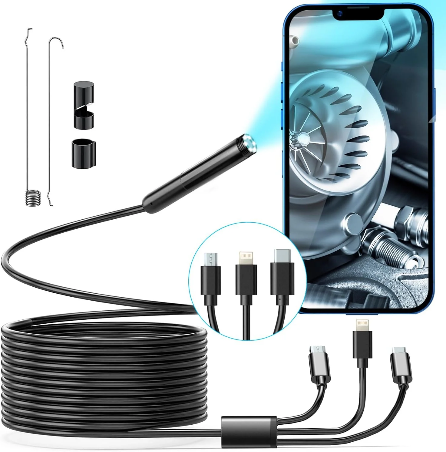 اندوسکوپ بی سیم FOXOLA، بورسکوپ صنعتی وای فای با 6 چراغ LED، دوربین مار USB Type-C 7.9 میلی متری، دوربین بازرسی ضد آب IP67 برای OTG Android، iPhone (3 متر، تغذیه از طریق USB) اندوسکوپ بی سیم FOXOLA، بورسکوپ صنعتی وای فای با 6 چراغ LED، دوربین مار USB Type-C 7.9 میلی متری، دوربین بازرسی ضد آب IP67 برای OTG Android، iPhone (3 متر، تغذیه از طریق USB)