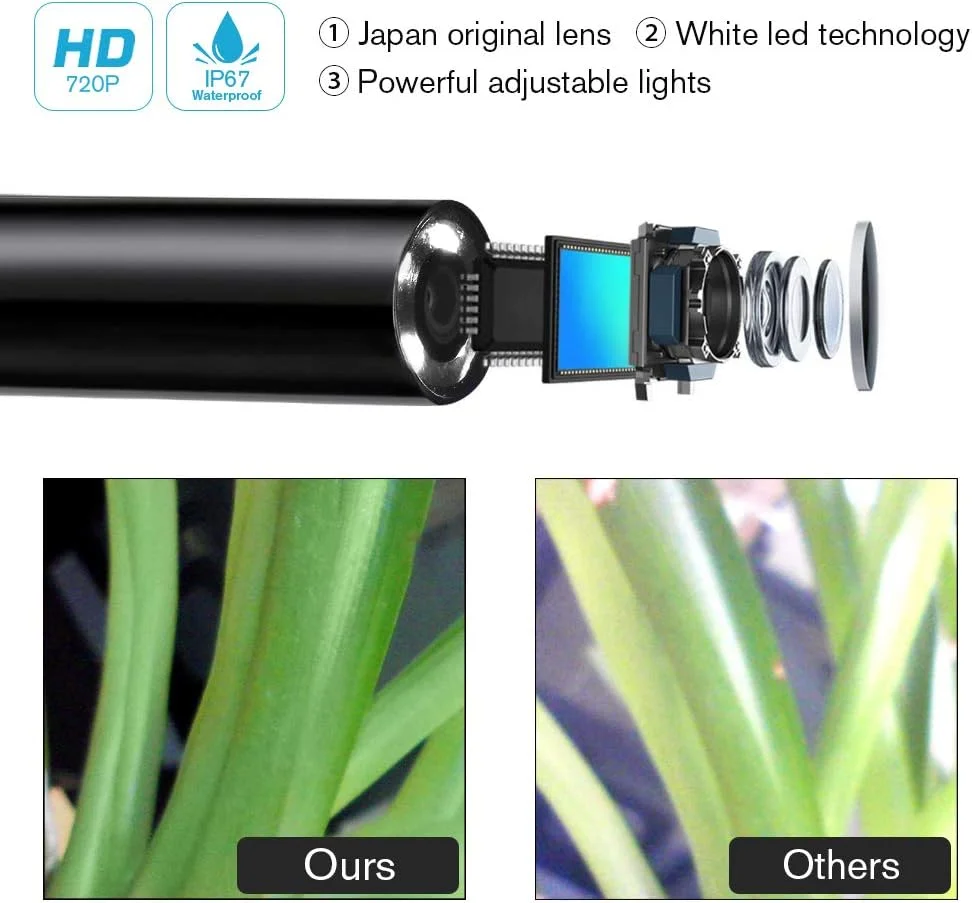 اندوسکوپ هوشمند IPS IP وای فای، دوربین اندوسکوپی بی سیم برای اندروید 2.0 مگاپیکسل، دوربین بازرسی بوراسکوپ با گیره انعطاف پذیر 5 متری