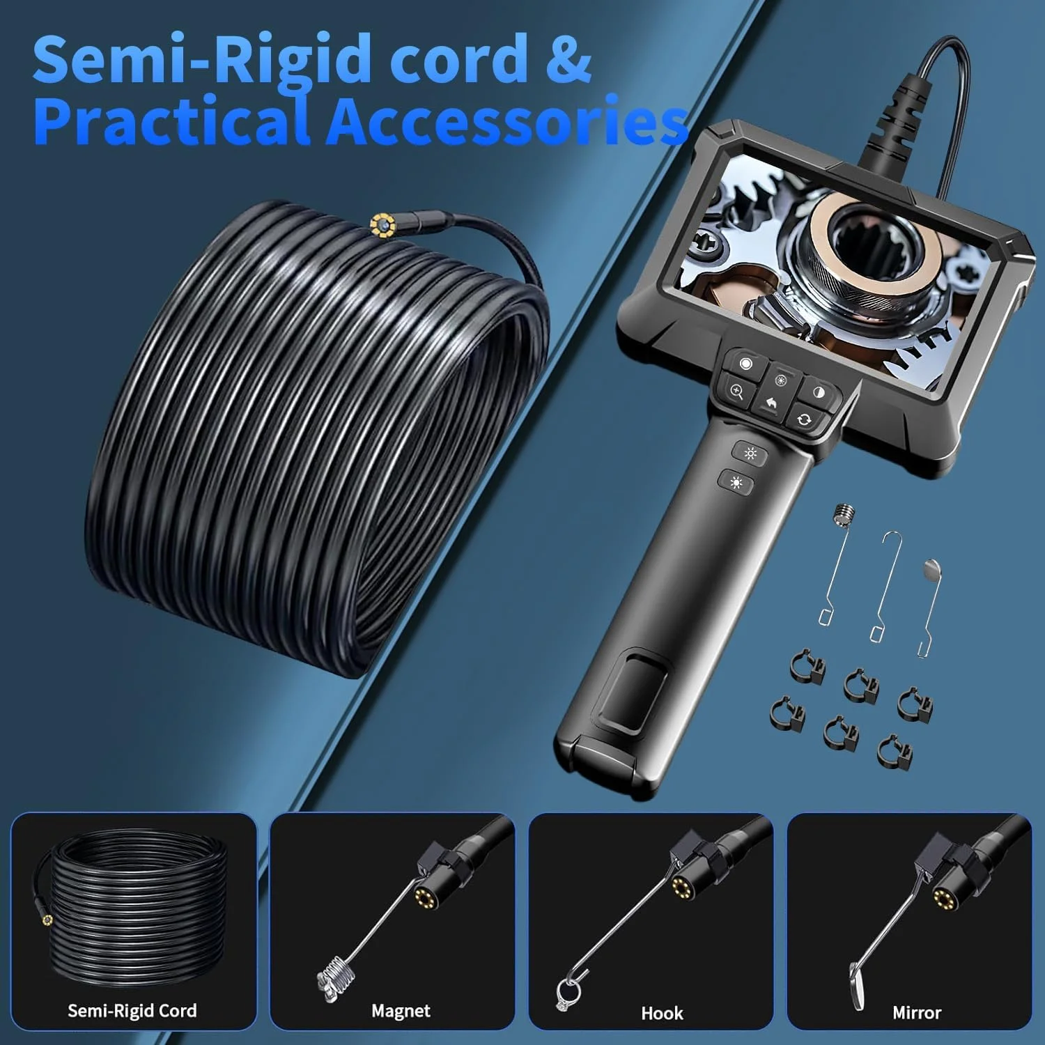 اندوسکوپ Exrp با نور - بورسکوپ ضد آب IP67 با 8 چراغ LED قابل تنظیم | صفحه نمایش LCD 4.3 اینچی | دوربین بازرسی HD 1080P با سیم نیمه سخت 16.5 فوتی | ابزار برای مردان