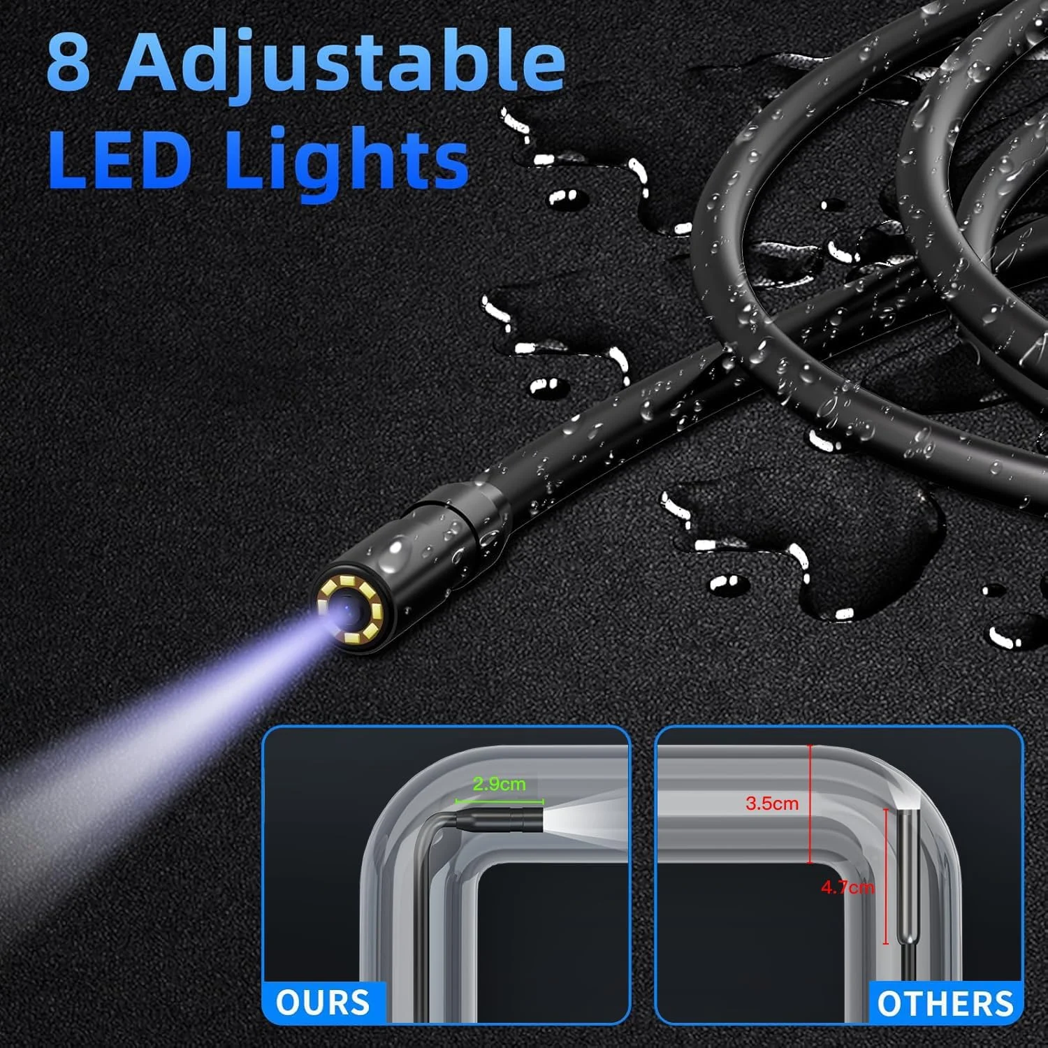 اندوسکوپ Exrp با نور - بورسکوپ ضد آب IP67 با 8 چراغ LED قابل تنظیم | صفحه نمایش LCD 4.3 اینچی | دوربین بازرسی HD 1080P با سیم نیمه سخت 16.5 فوتی | ابزار برای مردان