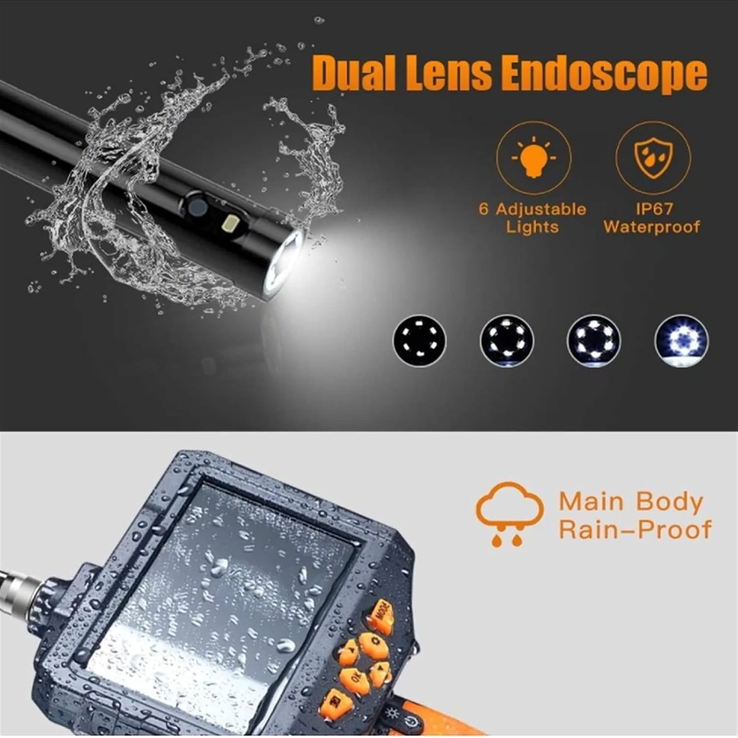 دوربین بازرسی با لنز دوگانه، آندوسکوپ صنعتی با 6 چراغ LED، صفحه نمایش 4.5 اینچی HD، صفحه IPS 1080P، کارت 32 گیگابایتی، ضد آب IP67 دوربین بازرسی با لنز دوگانه، آندوسکوپ صنعتی با 6 چراغ LED، صفحه نمایش 4.5 اینچی HD، صفحه IPS 1080P، کارت 32 گیگابایتی، ضد آب IP67