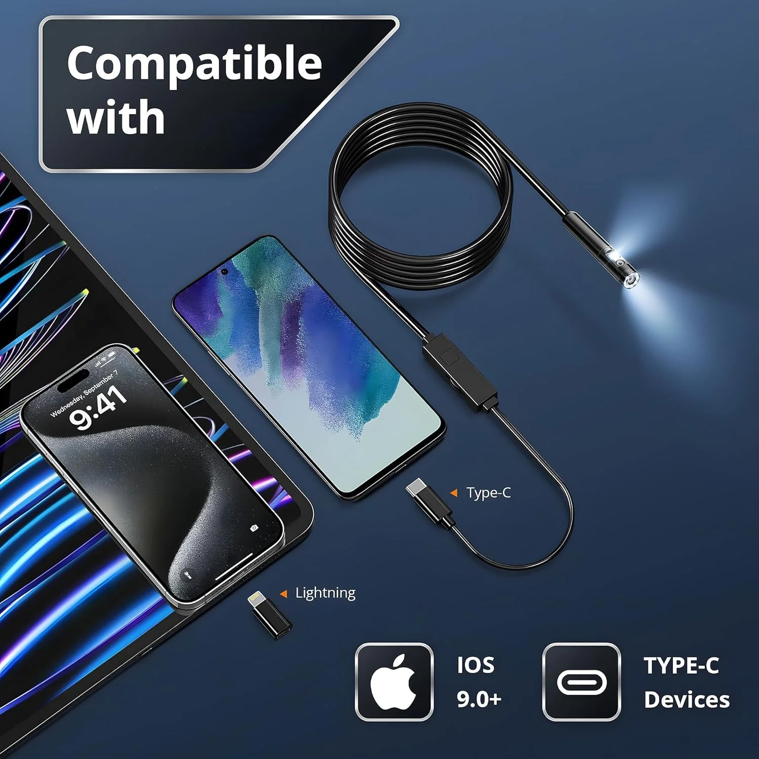 فول‌جیون [دو لنز] بورسکوپ، دوربین آندوسکوپی با نور، بازرسی 1920P با 8+1 چراغ LED قابل تنظیم، آندوسکوپ کابل نیمه سخت 16.5 فوتی ضد آب برای آیفون، آیپد، سامسونگ