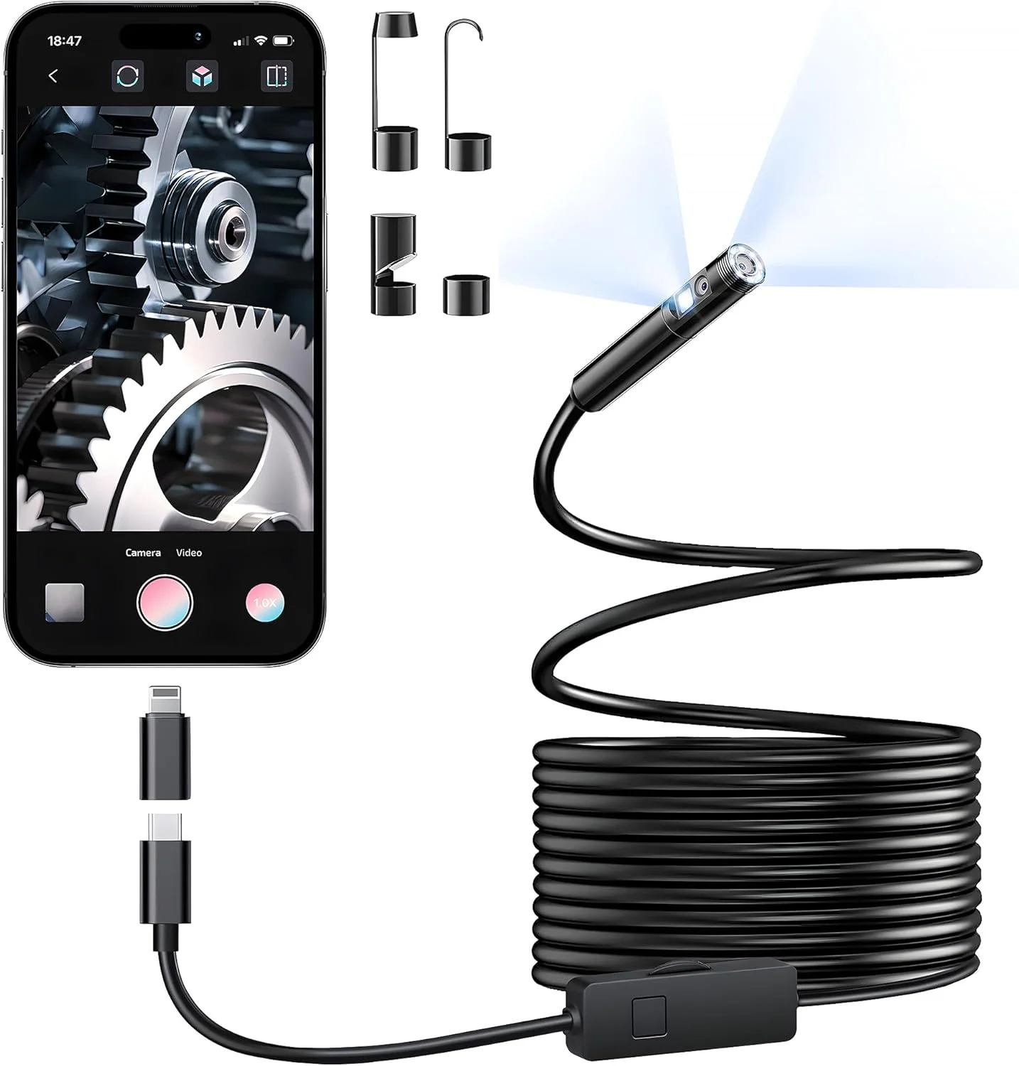 دوربین آندوسکوپی دو لنز Elecshion با نور، بورسکوپ HD 1920P با 8+1 چراغ LED قابل تنظیم، دوربین بازرسی ضد آب IP67 با سیم مارپیچ نیمه سخت 16.5 فوت برای آیفون، آیپد و اندروید دوربین آندوسکوپی دو لنز Elecshion با نور، بورسکوپ HD 1920P با 8+1 چراغ LED قابل تنظیم، دوربین بازرسی ضد آب IP67 با سیم مارپیچ نیمه سخت 16.5 فوت برای آیفون، آیپد و اندروید