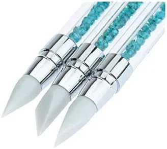 ست 3 عددی قلم موی سیلیکونی طراحی ناخن با دسته اکریلیک و نگین های آبی. DD093