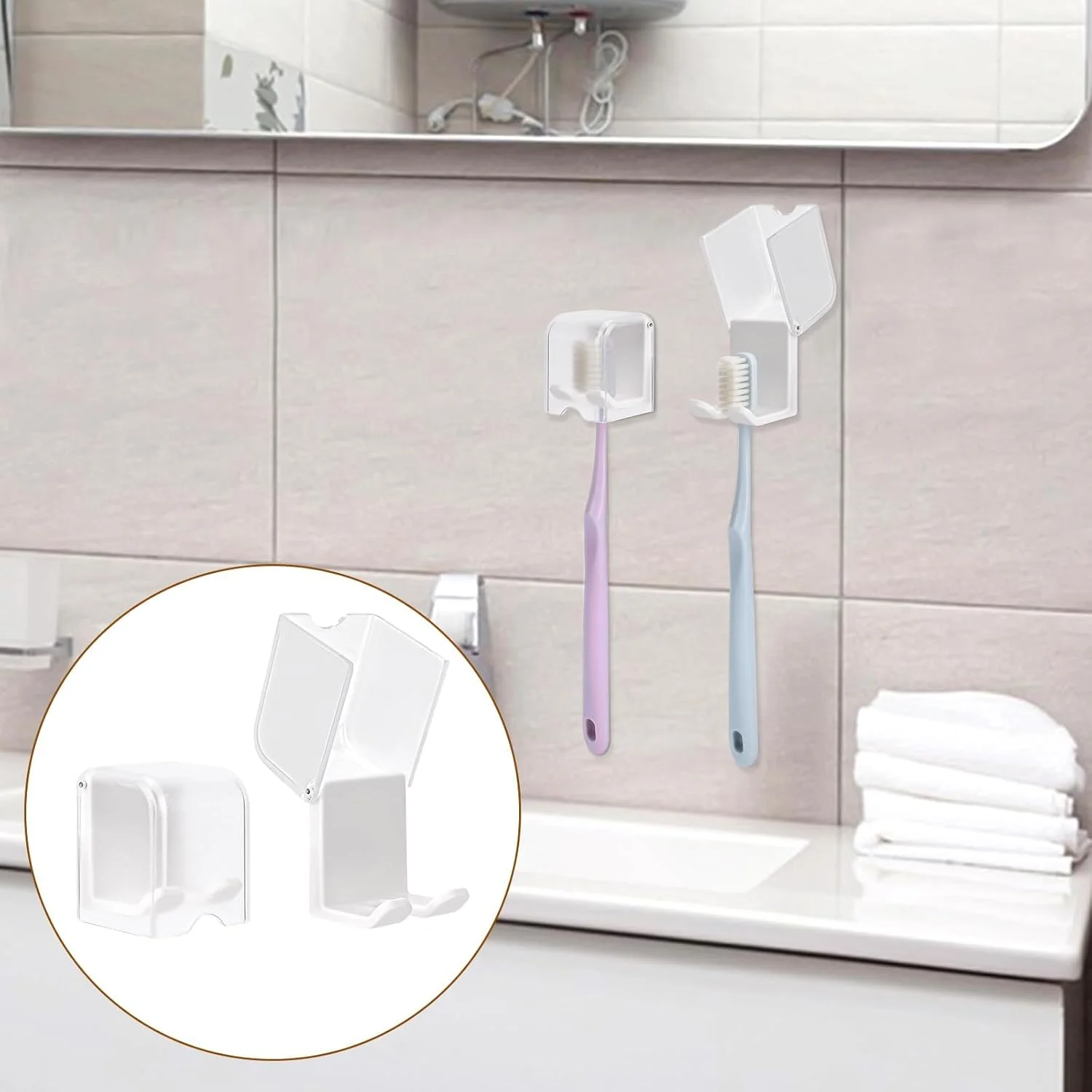 نگهدارنده مسواک دیواری با پوشش برای حمام، 4 عدد نگهدارنده مسواک چسبی، آویز مسواک، سازمان دهنده نگهداری مسواک برای خوابگاه، کابینت