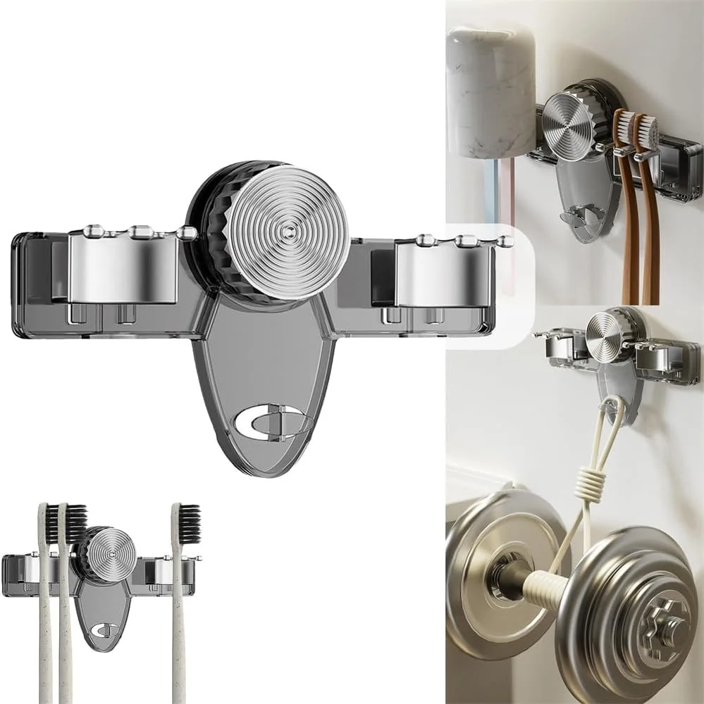 جا مسواکی دیواری، سازمان دهنده با مکش وکیوم بدون نیاز به سوراخکاری، نگهدارنده 4 مسواک و 2 فنجان، مناسب برای نگهداری لوازم حمام روی سطوح صاف، خاکستری