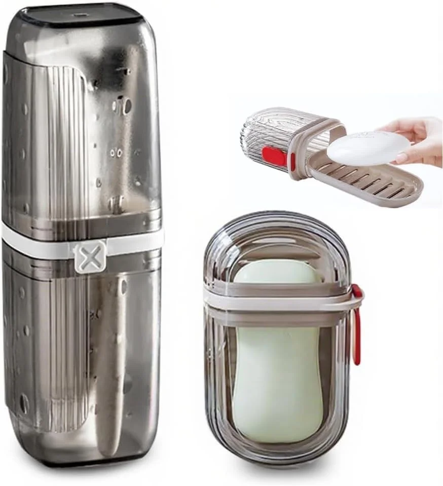 جا صابونی و جا مسواکی مسافرتی، ظرف صابون مسافرتی قابل حمل و ضد نشت - جا مسواکی مسافرتی و جا صابونی ایده آل برای سفر، باشگاه، کمپینگ و حمام