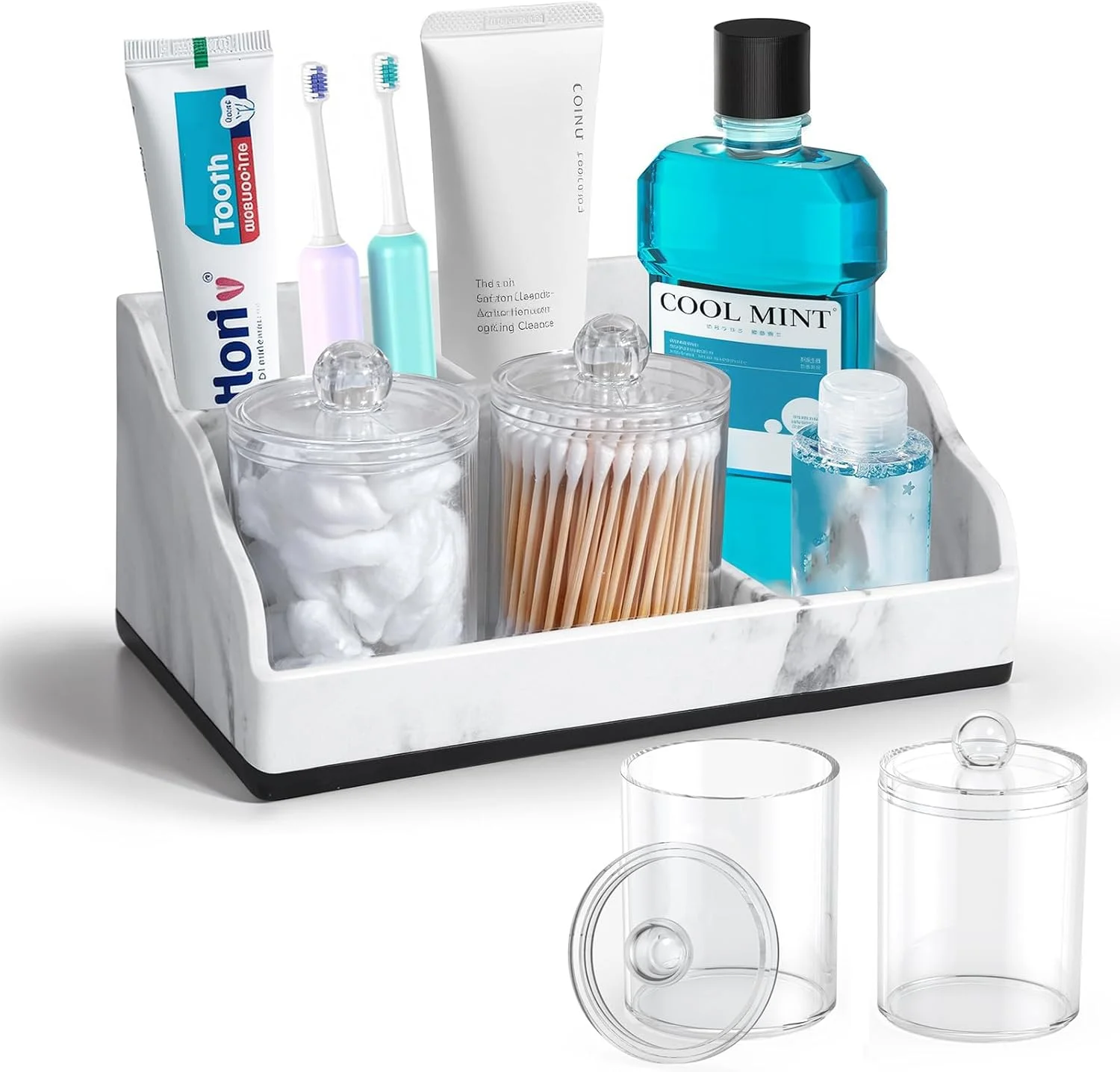 جا مسواکی رومیزی سنگ مرمر با 3 عدد جا گوش پاک کن و جا خمیر دندان با زهکشی برای سازماندهی لوازم جانبی حمام و نگهداری روی میز