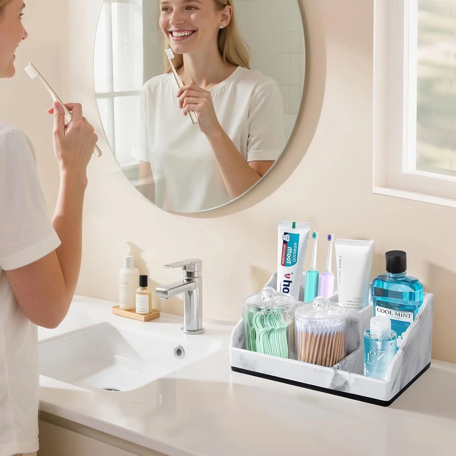 جا مسواکی رومیزی سنگ مرمر با 3 عدد جا گوش پاک کن و جا خمیر دندان با زهکشی برای سازماندهی لوازم جانبی حمام و نگهداری روی میز