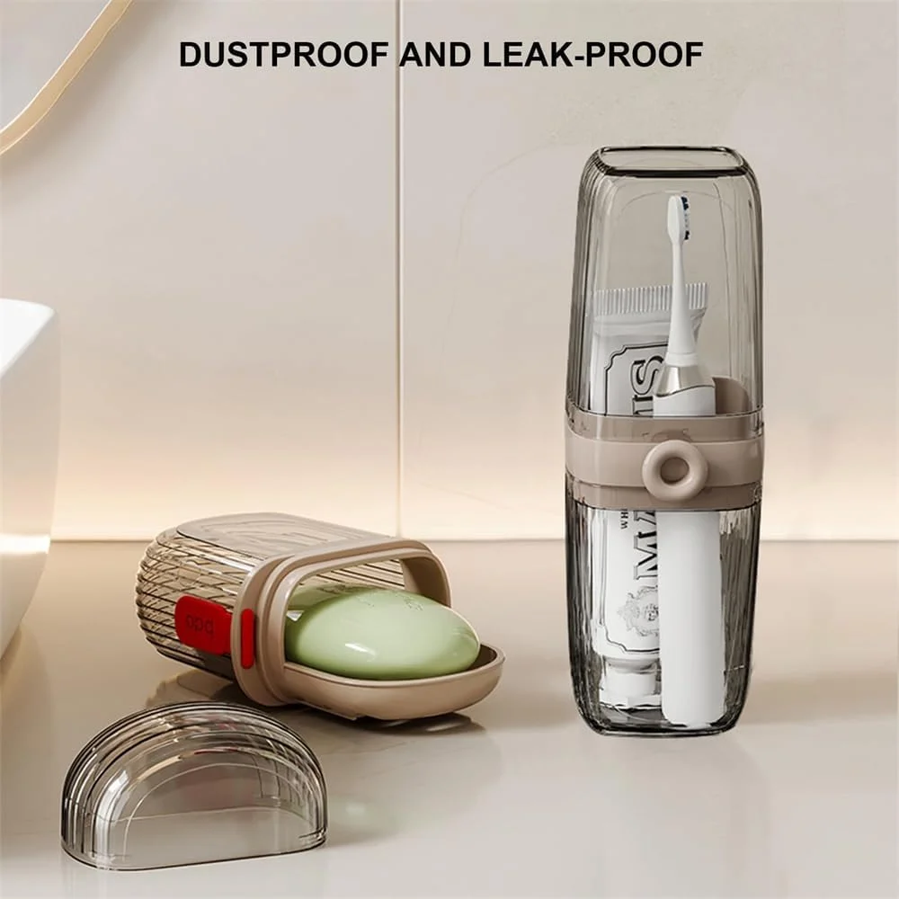 جا مسواکی سفری، جا صابونی با سینی تخلیه آب، ارگانایزر حمام قابل حمل و ضد نشت 2 در 1 برای سفر کاری و کمپینگ، ست 2 عددی، خاکستری شفاف جا مسواکی سفری، جا صابونی با سینی تخلیه آب، ارگانایزر حمام قابل حمل و ضد نشت 2 در 1 برای سفر کاری و کمپینگ، ست 2 عددی، خاکستری شفاف