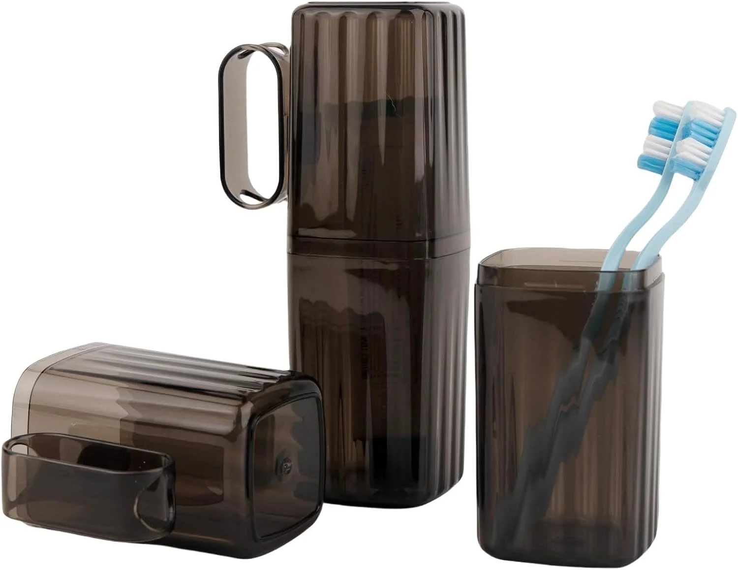جا مسواکی مسافرتی قابل حمل، با دسته و درب، ظرفیت بزرگ و ضد نشت، برای سفرهای کاری، کمپینگ، مدرسه، استفاده روزانه، خاکستری تیره شفاف