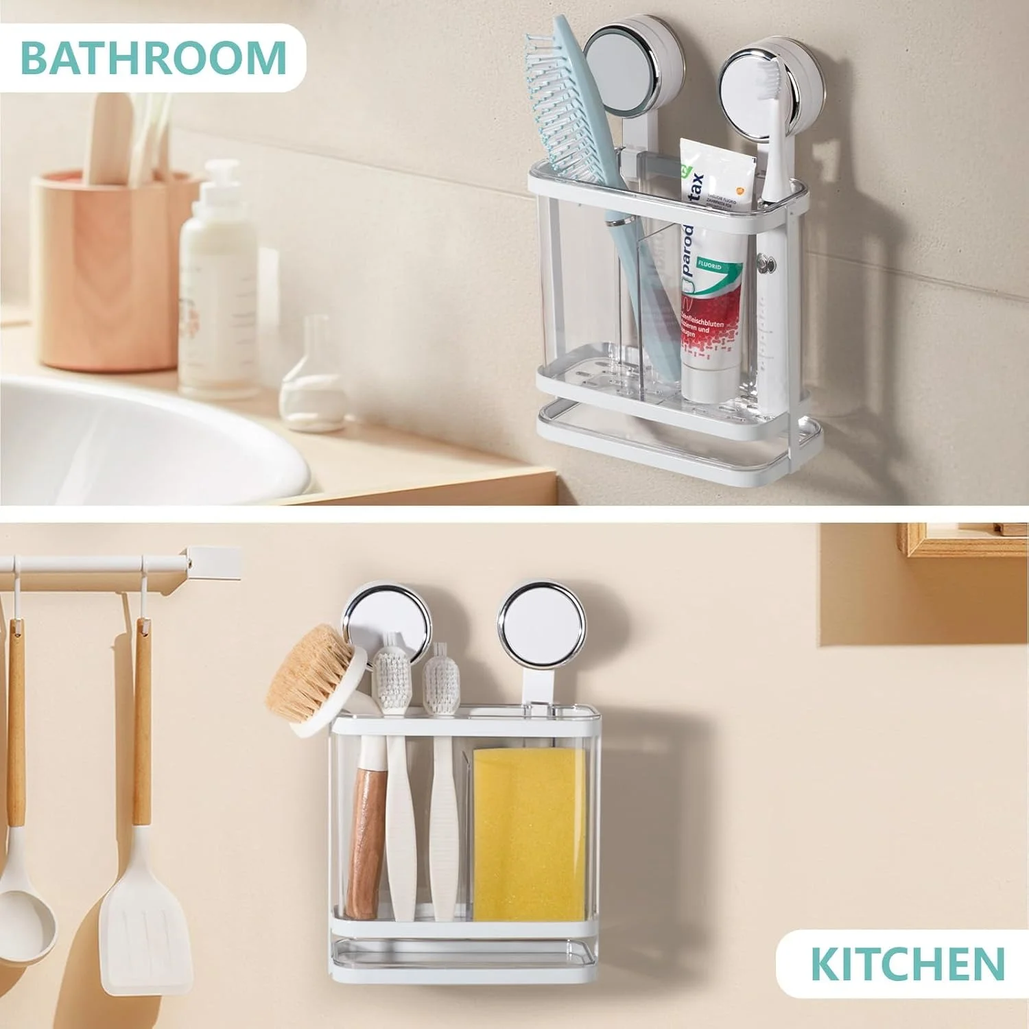 نگهدارنده مسواک دیواری، سازمان دهنده حمام با مکش قوی برای مسواک، خمیر دندان، تیغ، محفظه شفاف برای دوش، روی میز، روشویی، کنار سینک