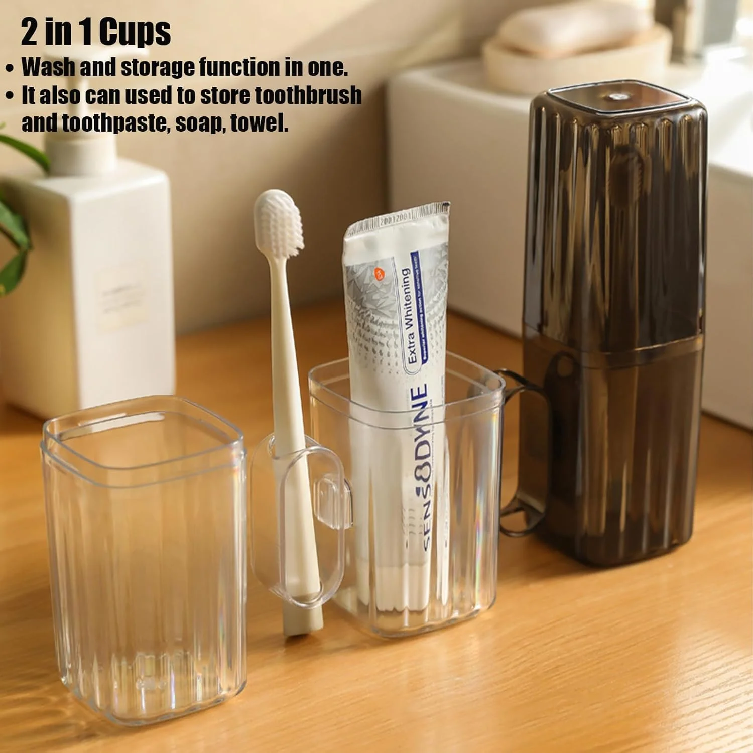 جا مسواکی مسافرتی قابل حمل، با دسته و درب، ظرفیت بزرگ و ضد نشت، برای سفرهای کاری، کمپینگ، مدرسه، استفاده روزانه، خاکستری تیره شفاف