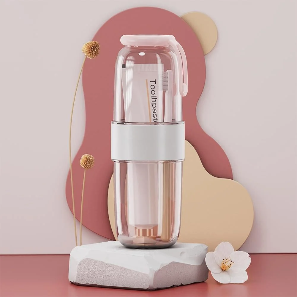 جا مسواکی مسافرتی صورتی شفاف با درپوش محکم، جعبه نگهداری مسواک پلاستیکی قابل حمل برای مسافرت، کمپینگ، مدرسه، حمام و سفرهای کاری، محافظ بهداشتی مسواک