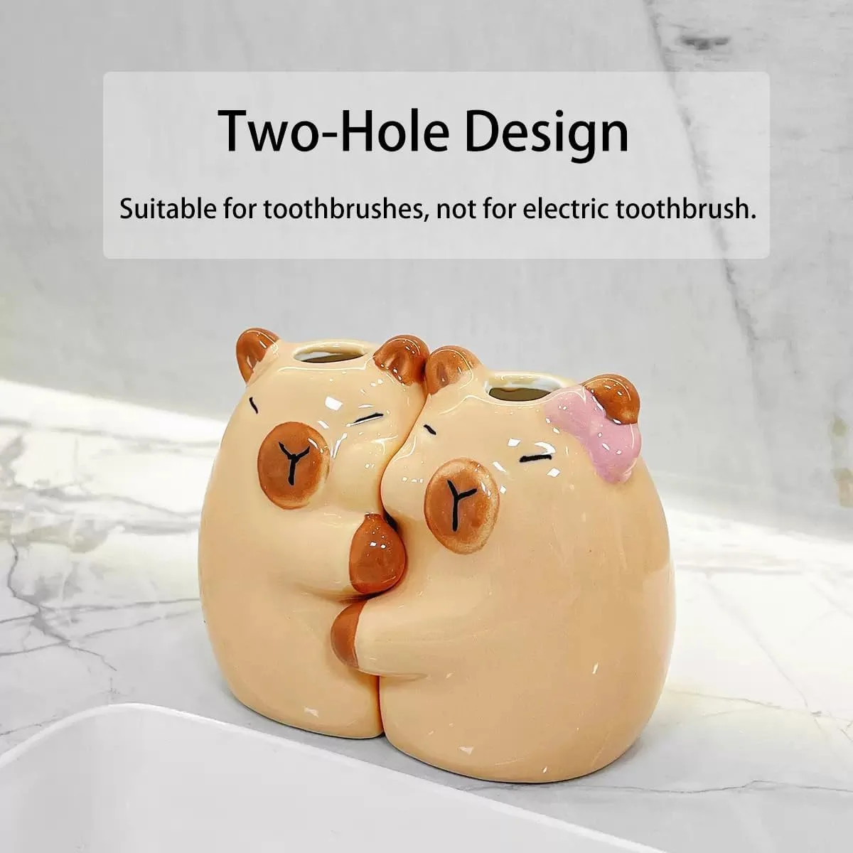 ست 2 عددی جا مسواکی سرامیکی کاپيبارا بامزه، لوازم جانبی بادوام حمام و نظم دهنده میز برای مسواک، قلم، برس آرایشی، شکل حیوانی منحصر به فرد، دکوراسیون منزل و محل کار