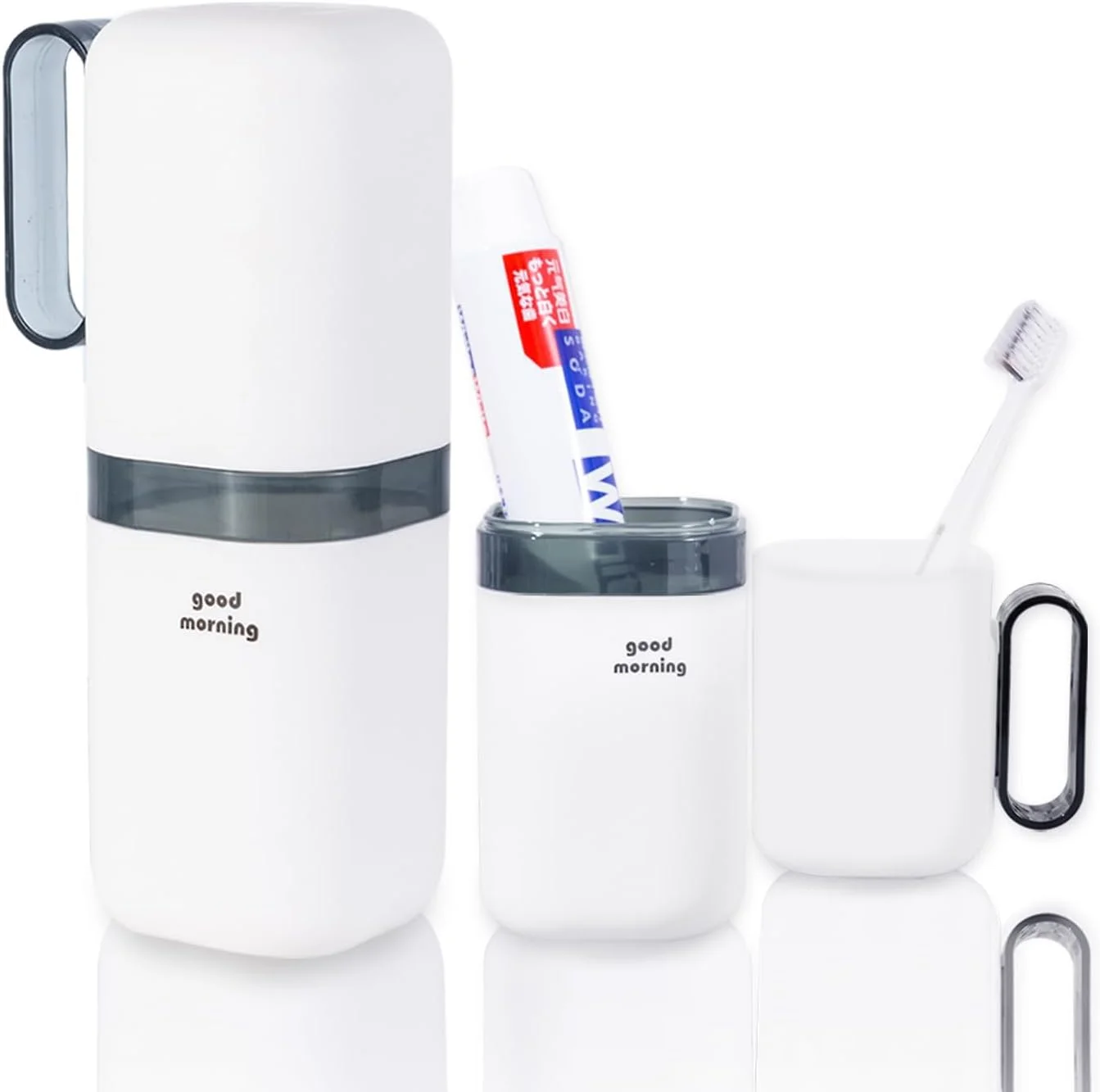 جا مسواکی مسافرتی قابل حمل با دسته، جا مسواکی چند منظوره با ظرفیت بزرگ و لیوان دهانشویه، جعبه نگهداری مسواک بادوام برای مسافرت، کمپینگ و بهداشت روزانه (آبی)