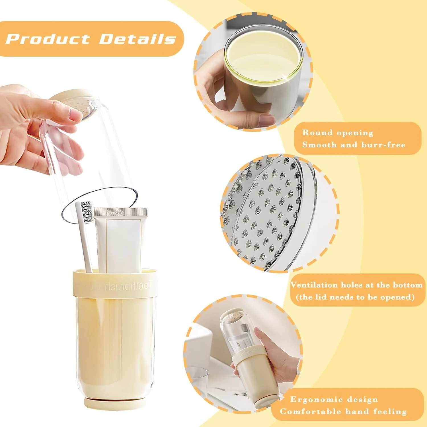 جا مسواکی سفری با ۴ فنجان و ۵ پوشش مسواک، جا مسواکی خانوادگی برای مسافرت با سوراخ های تهویه، جا مسواکی برای نگهداری خمیر دندان و حوله (زرد) جا مسواکی سفری با ۴ فنجان و ۵ پوشش مسواک، جا مسواکی خانوادگی برای مسافرت با سوراخ های تهویه، جا مسواکی برای نگهداری خمیر دندان و حوله (زرد)